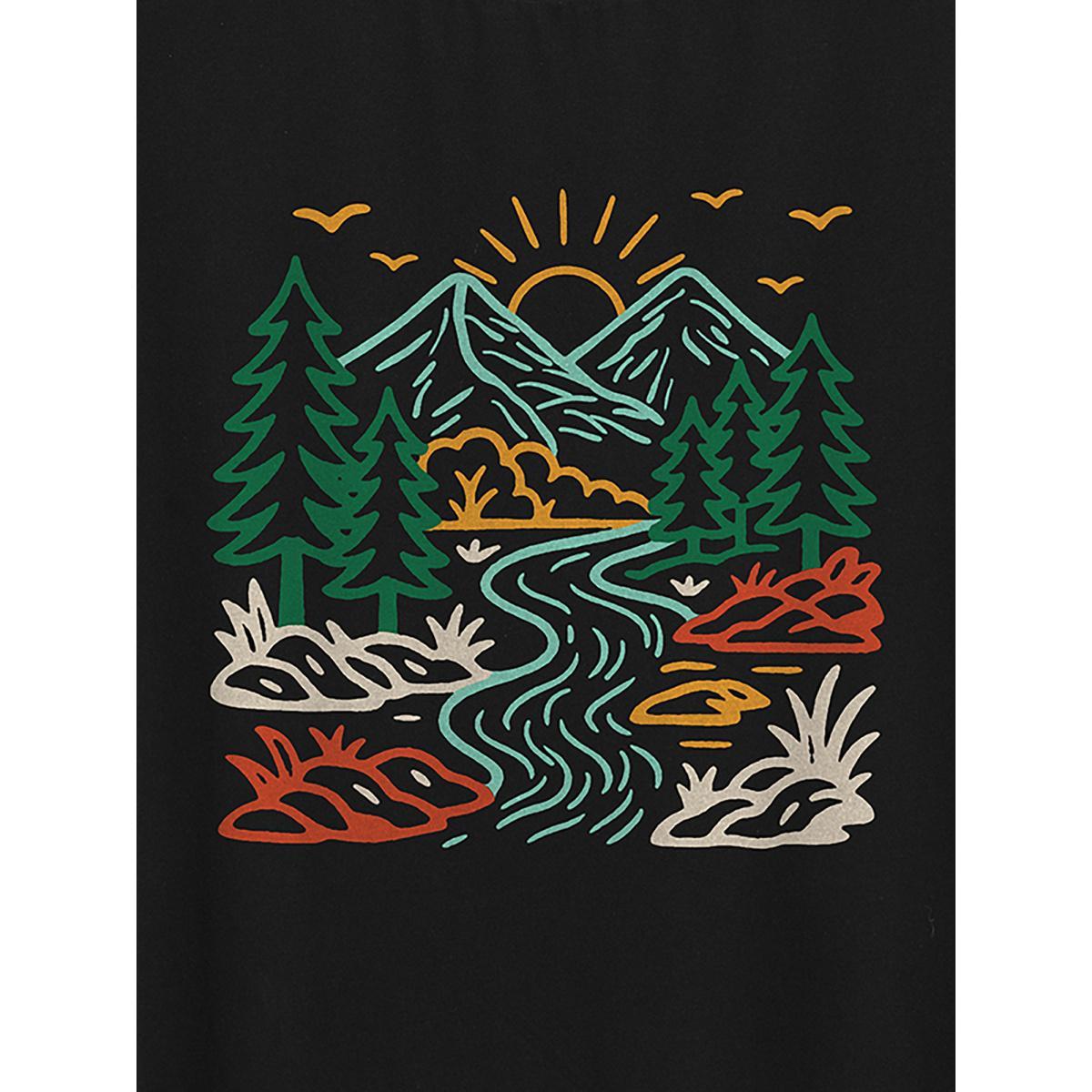 Plus Size Mountain View Print Round Neck T-Shirt Black Women Non Art&design Round Neck Everyday-Casual T-shirts BloomChic 18-20/2X Product Image