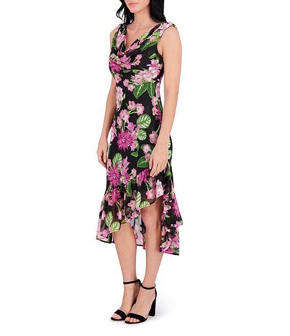 Kensie Drape Neck Sleeveless Floral Printed Burnout Chiffon Ruffle Hem Sheath Midi Dress Product Image