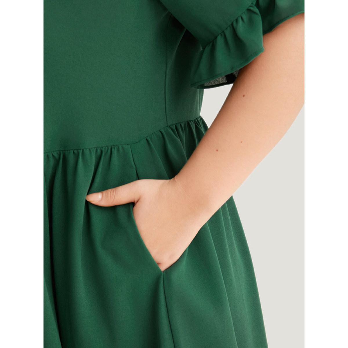 Plus Size Plain Ruffles Pocket Button Up Pleated Frill Trim Dress Emerald Women Casual Plain Lapel Collar Short sleeve Curvy Midi Dress BloomChic 14-16/1X Product Image