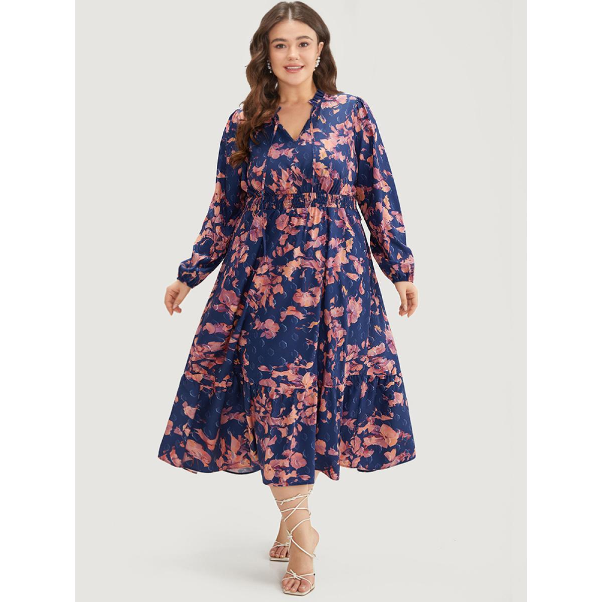 Plus Size Floral Print Shirred Frill Trim Ties Dress DarkBlue Women Elegant Elastic cuffs Tie Neck Long Sleeve Curvy Midi Dress BloomChic 12/L Product Image