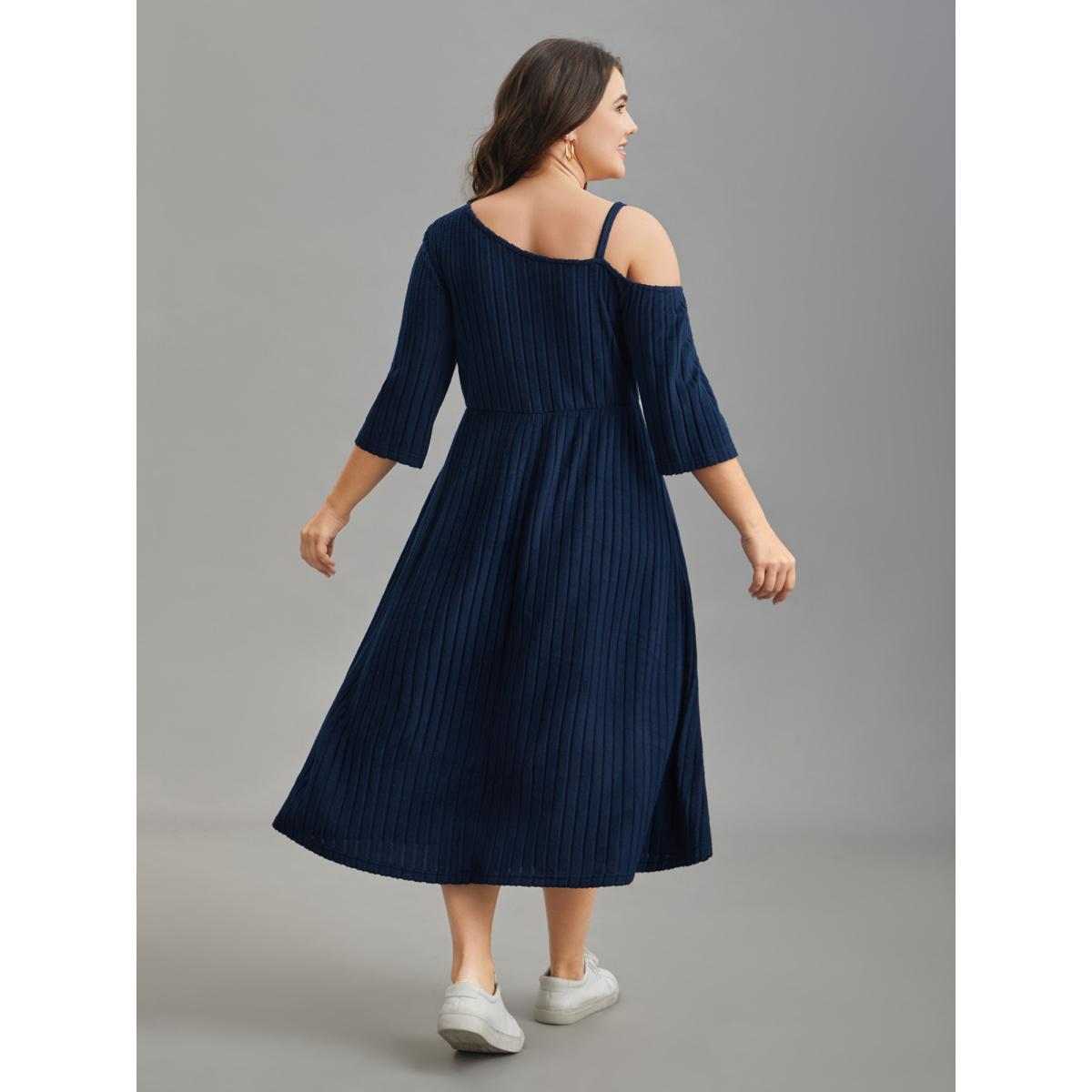 Plus Size One-Shoulder Pit-Strip Knit Buckle Midi Dress DarkBlue Women Casual Texture Knit Dresses Bloomchic 22-24/3X Product Image
