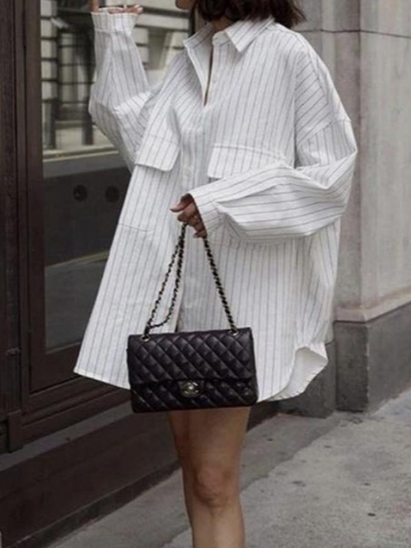 Long Sleeves Loose Buttoned Striped Lapel Blouses&Shirts Tops Product Image