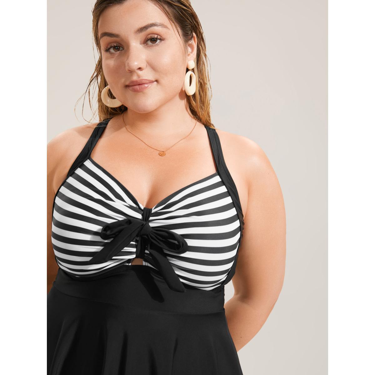Plus Size Stripes Patchwork Tie Knot Cross Straps Swim Dress Women's Swimwear Black Beach Bodycon Heart neckline High stretch Curve Swim Dresses BloomChic 12/L Product Image