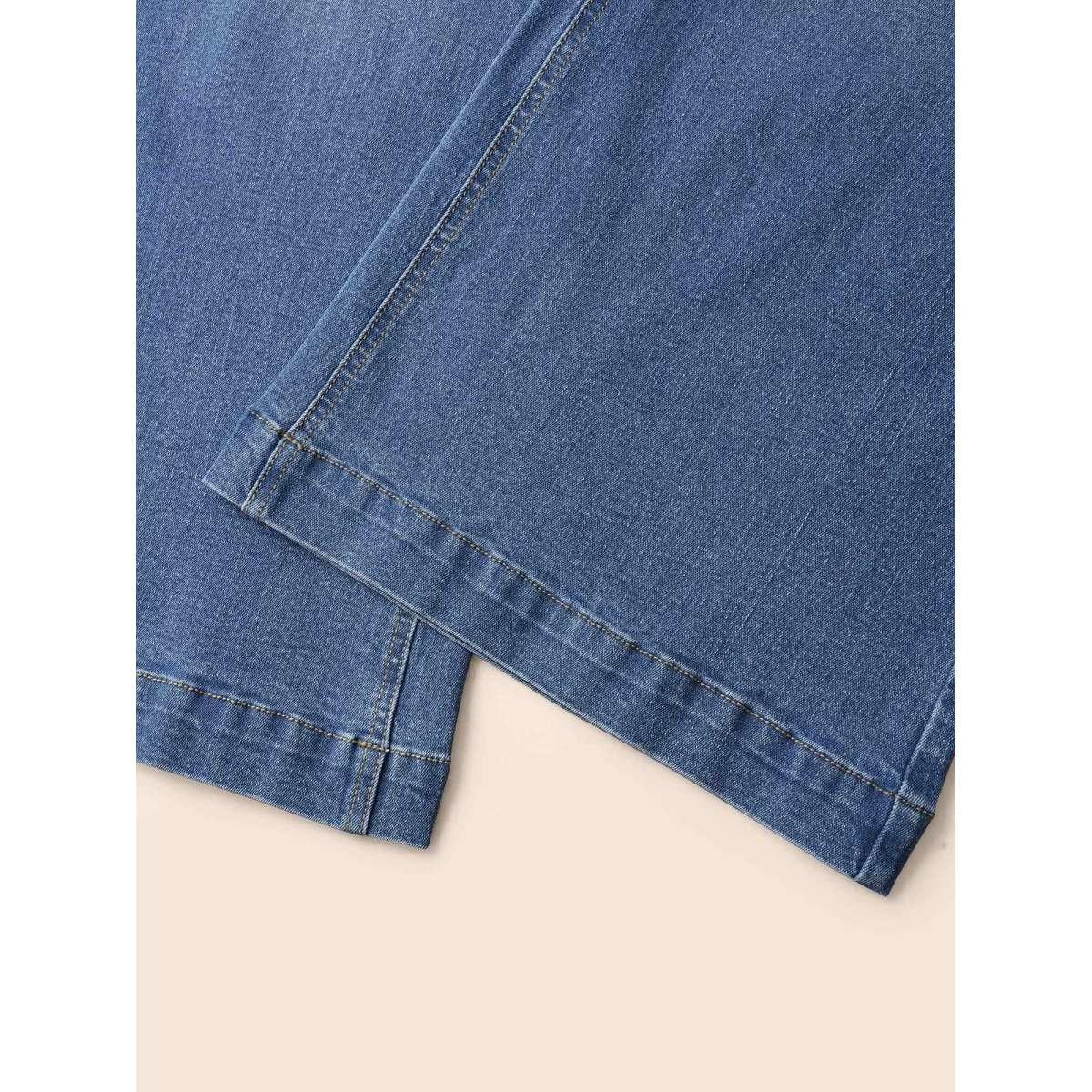 Plus Size Stretch Denim Wide Leg Cut Jeans Women Denimblue Casual Button Medium stretch Slanted pocket Jeans BloomChic 20/2X Product Image