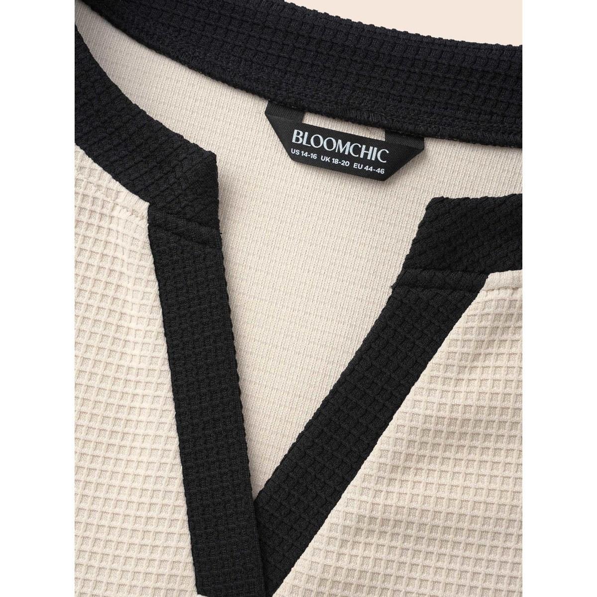 Plus Size Notched Rib Knit Contrast Trim Sweatshirt Women Apricot Casual Texture Flat collar with V-notch Everyday Sweatshirts BloomChic 26/4X Product Image