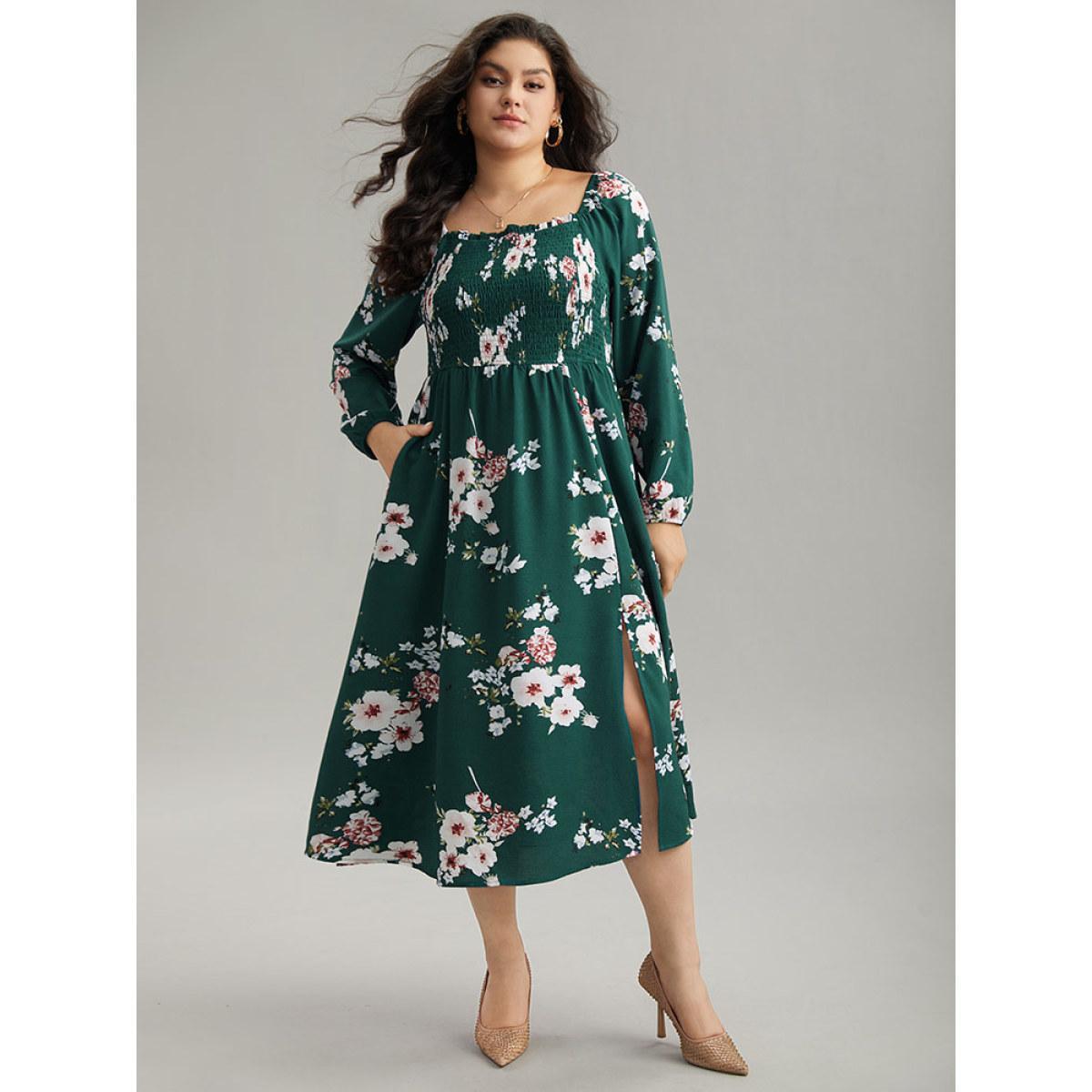 Plus Size Floral Print Split Hem Pocket Shirred Dress DarkGreen Women Elegant Elastic cuffs Square Neck Long Sleeve Curvy Midi Dress BloomChic 28/5X Product Image