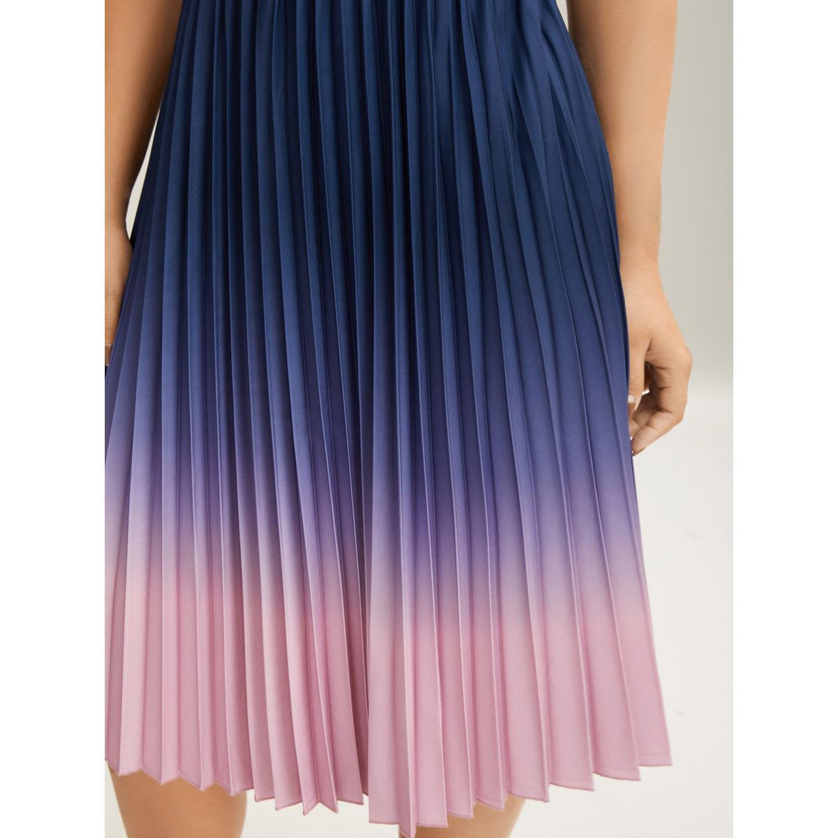 Plus Size Ombre Gradient Pleated Sleeveless Midi Dress Navy Women At the Office Pleated Round Neck Sleeveless Curvy BloomChic 12/L Product Image