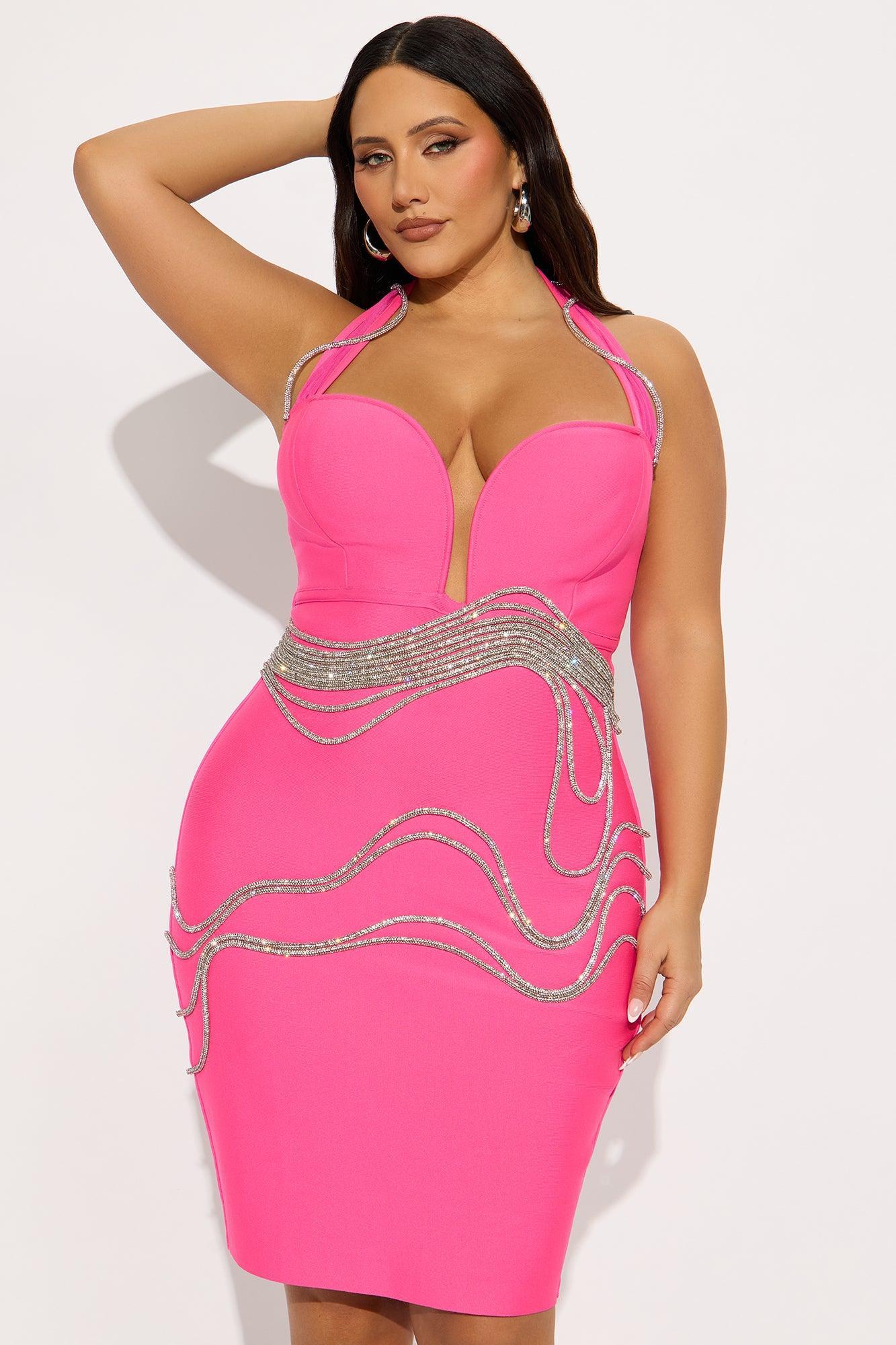 Beyond Classy Rhinestone Bandage Midi Dress - Hot Pink Product Image