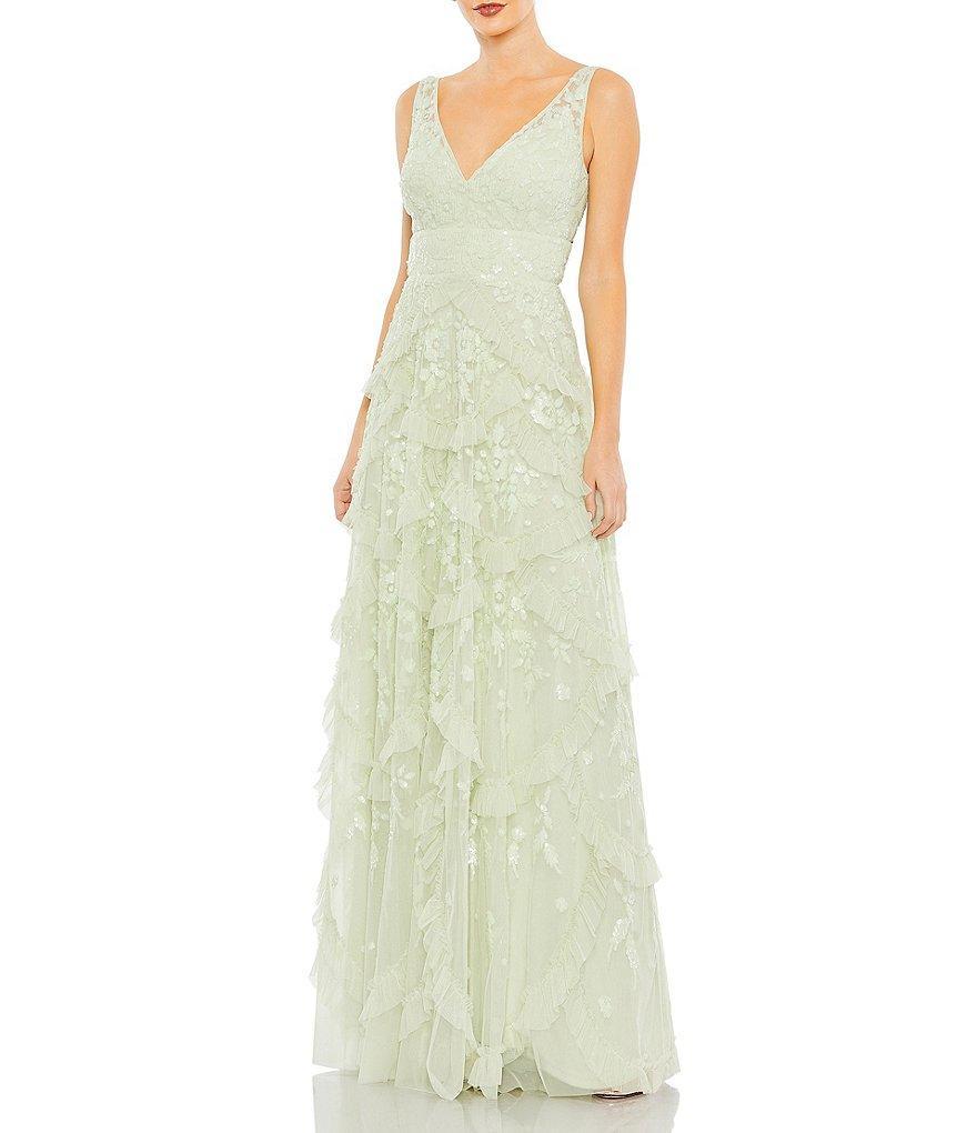 Mac Duggal Sequin V-Neck Sleeveless Scallop Ruffle Tiered Gown Product Image