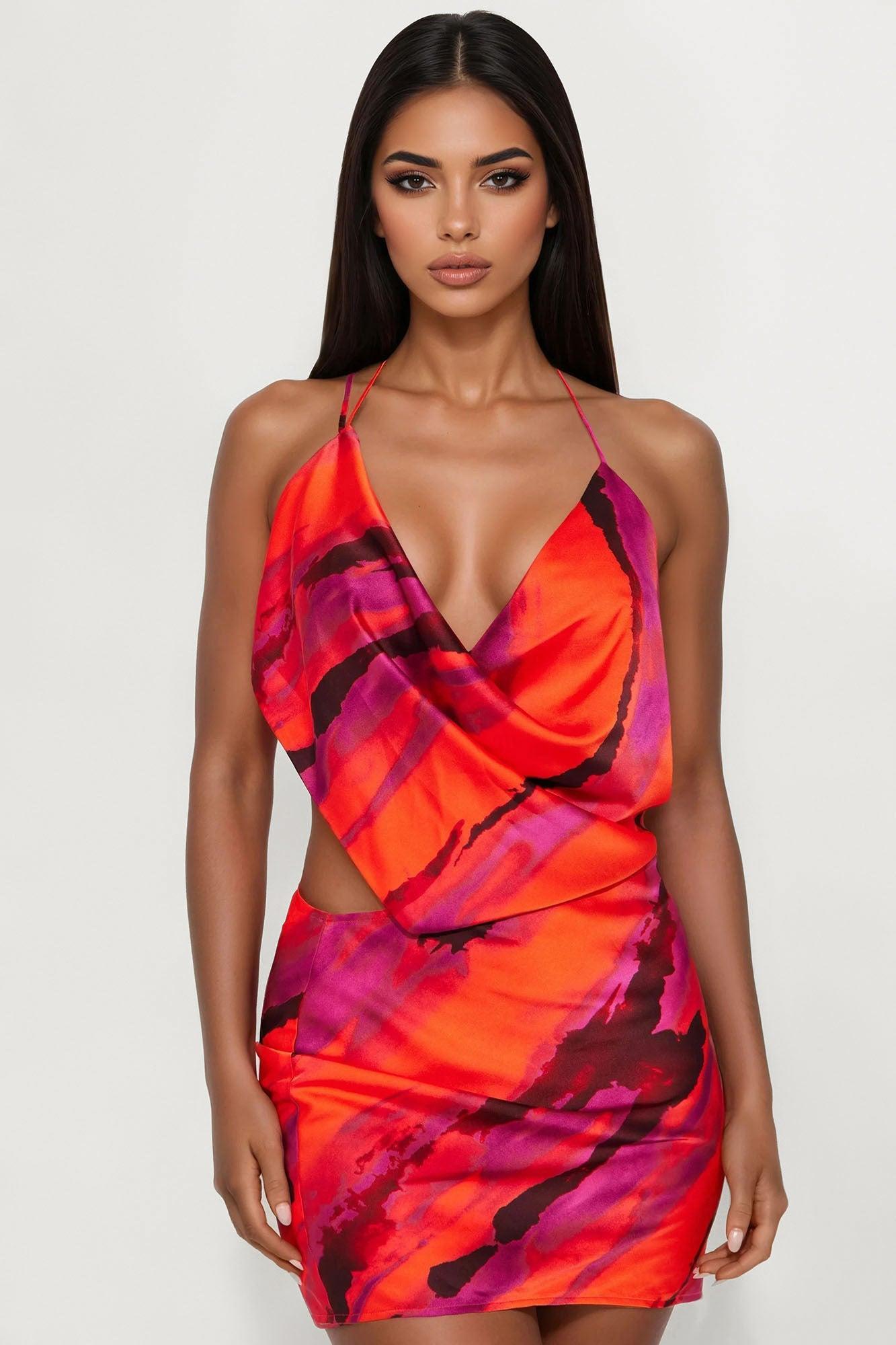 Waverly Cowl Neck Mini Dress - Red/combo Female Product Image
