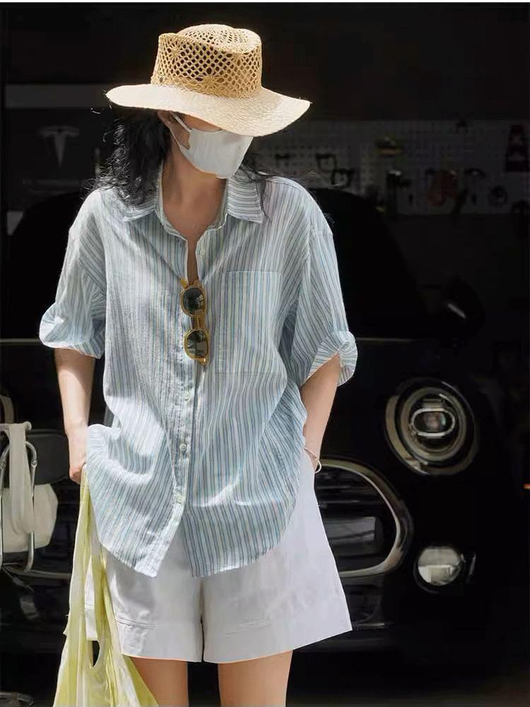 Elbow-Sleeve Striped Button-Up Shirt Product Image