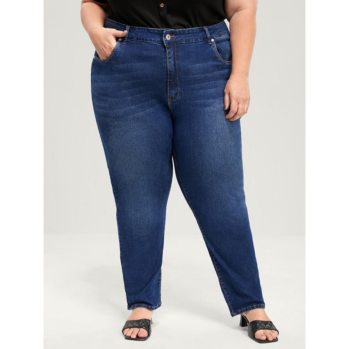 Plus Size Straight Very Stretchy High Rise Dark Wash Jeans Women DarkBlue Casual Plain Plain High stretch Pocket Jeans BloomChic 28/5X Product Image