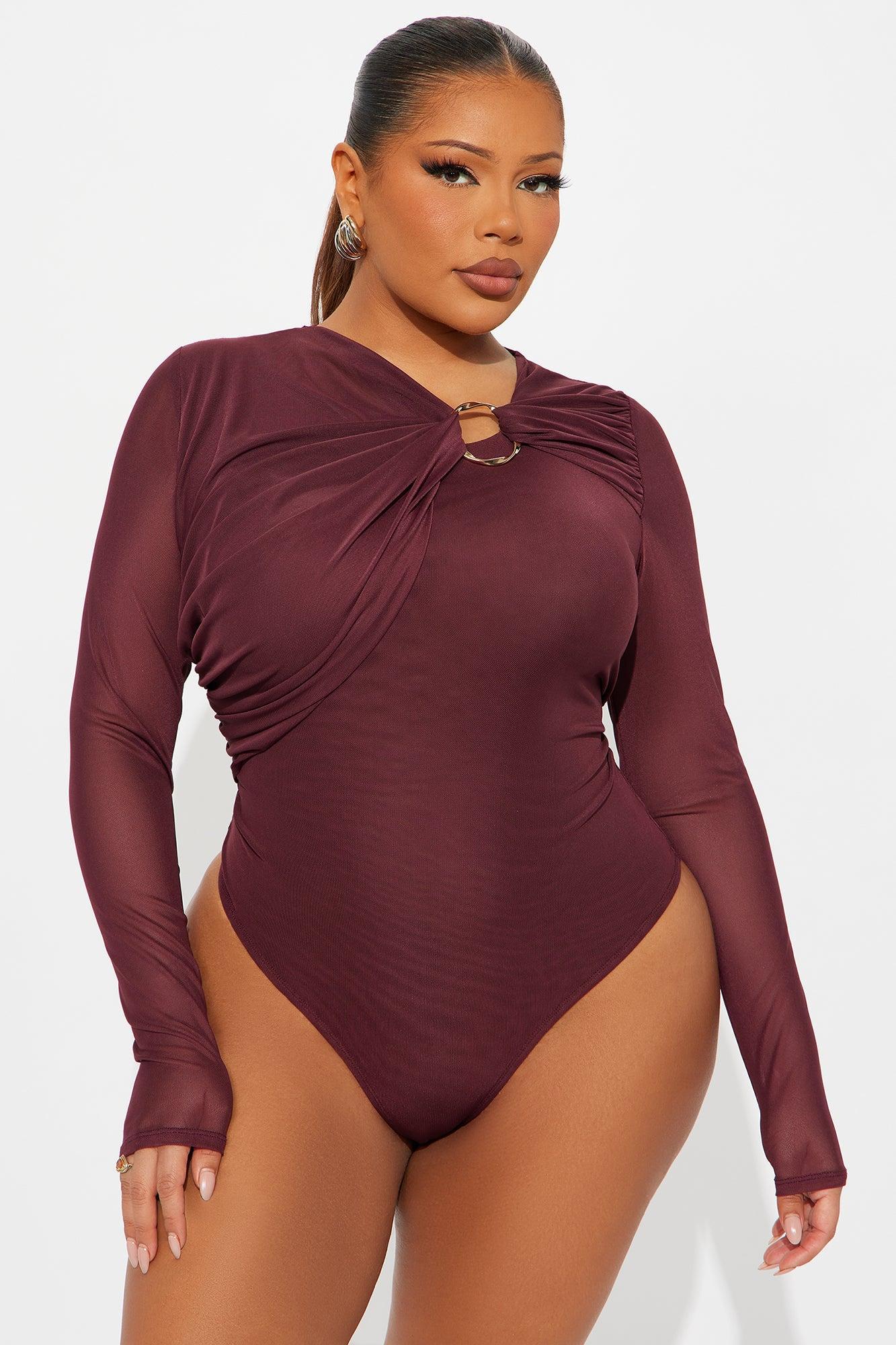 New Demand Ruched Mesh Bodysuit - Burgundy Product Image
