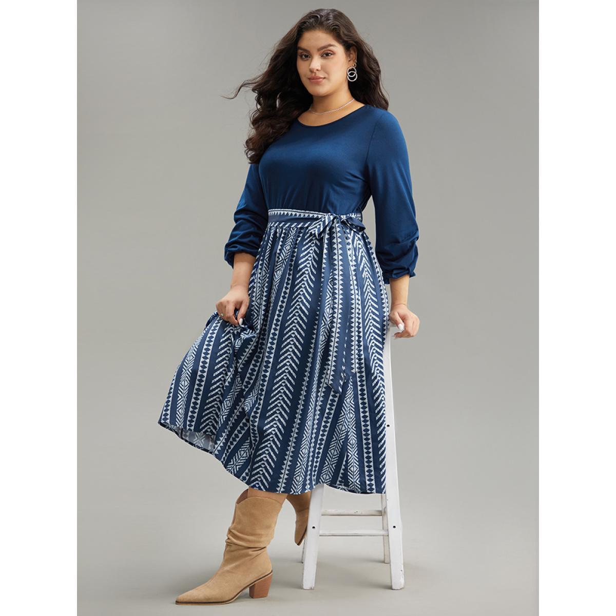 Plus Size Bandana Striped Patchwork Pocket Belted Dress Indigo Women Vacation Belted Round Neck Long Sleeve Curvy Midi Dress BloomChic 12/L Product Image