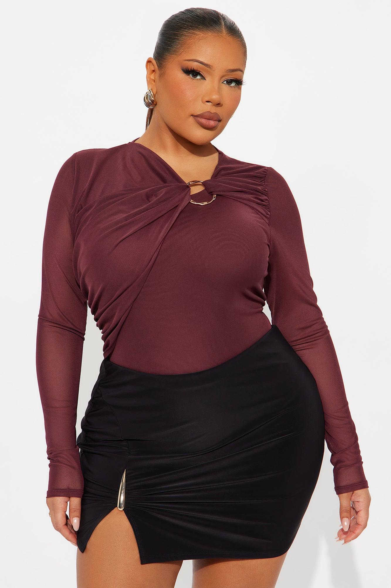 New Demand Ruched Mesh Bodysuit - Burgundy Product Image