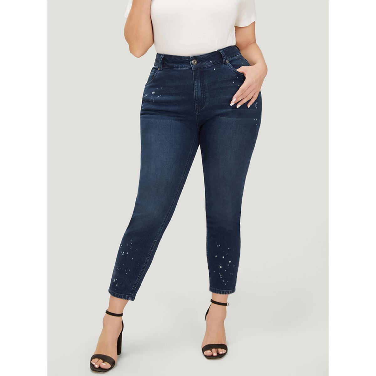 Plus Size Very Stretchy High Rise Dark Wash Paint Jeans Women DarkBlue Casual Plain High stretch Pocket Jeans BloomChic 28/5X Product Image