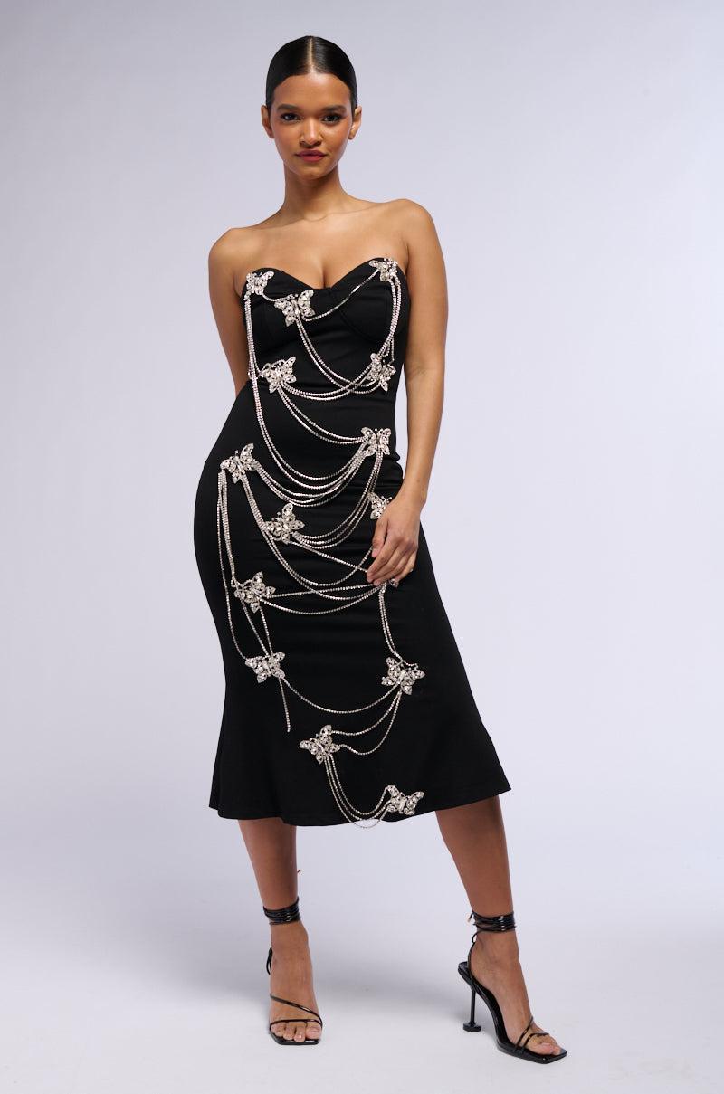FLY AWAY BUTTERFLY EMBELLISHED MIDI DRESS Product Image
