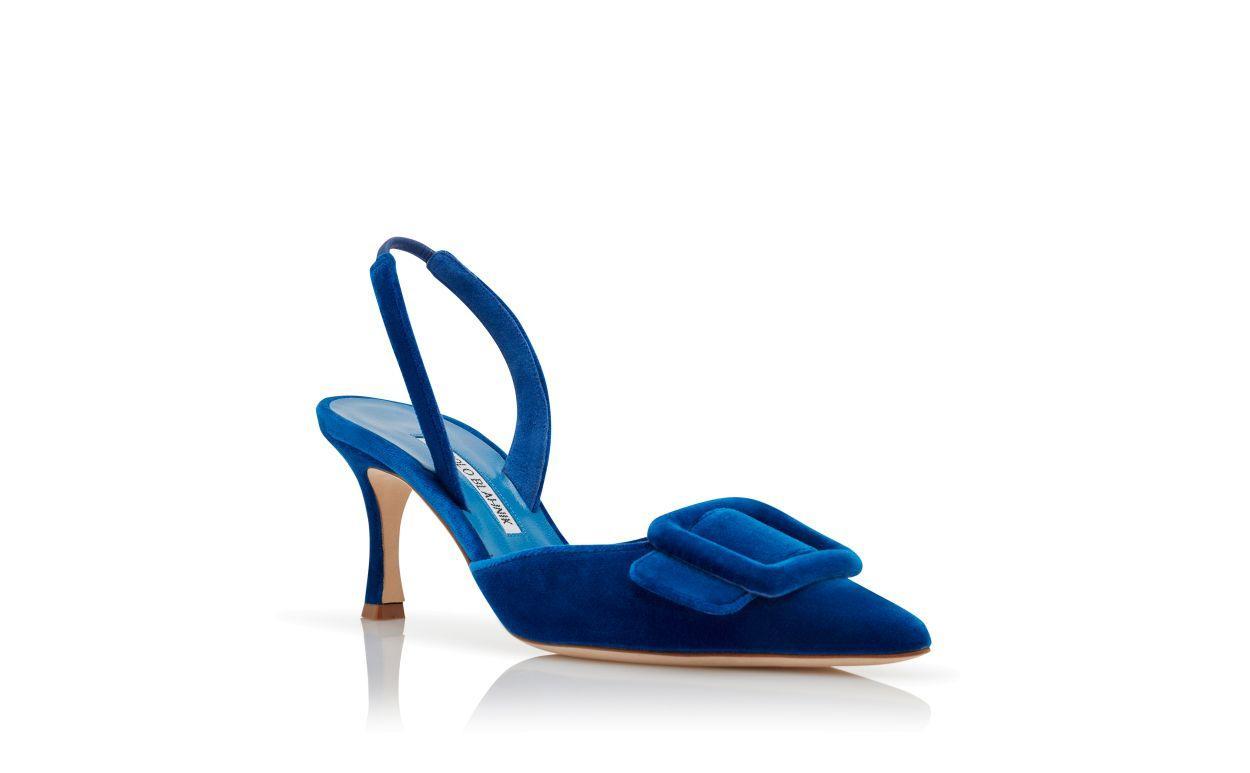 MAYSLI Blue Velvet Buckle Detail Slingback Pumps Product Image