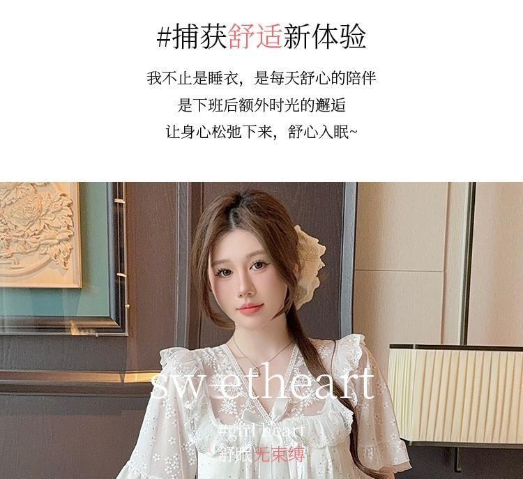Short Sleeve V-Neck Floral Print Bow Ruffle Pajama Dress Product Image