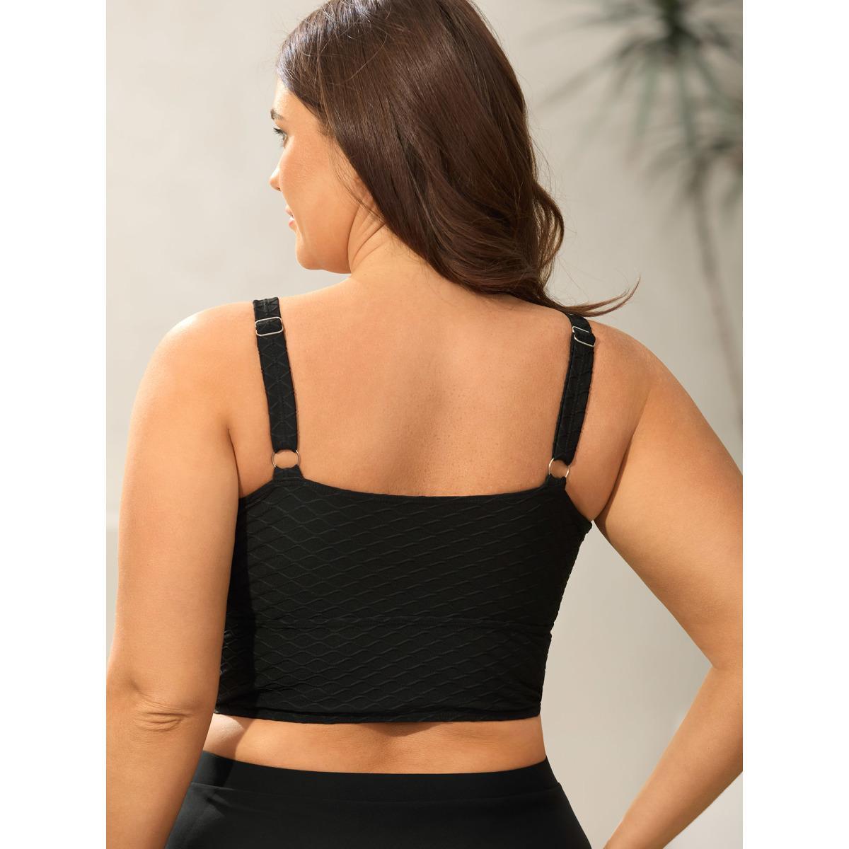 Plus Size Textured Fitted Adjustable Swim Top Women's Swimwear Black Beach Texture High stretch Skinny U-neck Curve Swim Tops BloomChic 26/4X Product Image