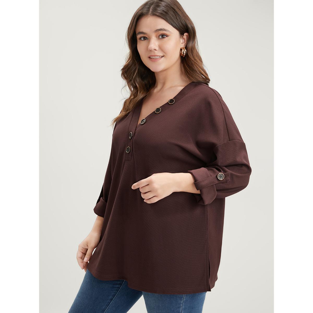 Plus Size Solid Cuffed Sleeve Split Hem Long Tee Burgundy Women Casual Button Plain V-neck Work T-shirts BloomChic 26/4X Product Image