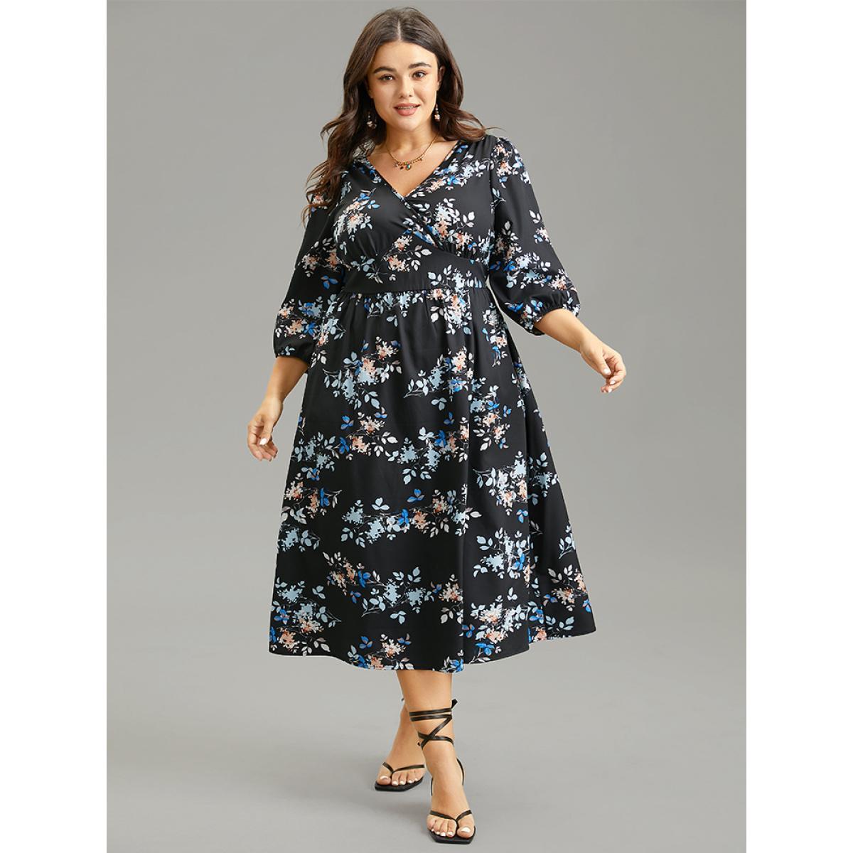 Plus Size Floral Wrap Gathered Lantern Sleeve Dress Multicolor Women Vacation Elastic cuffs Overlap Collar Elbow-length sleeve Curvy Midi Dress BloomChic 26/4X Product Image