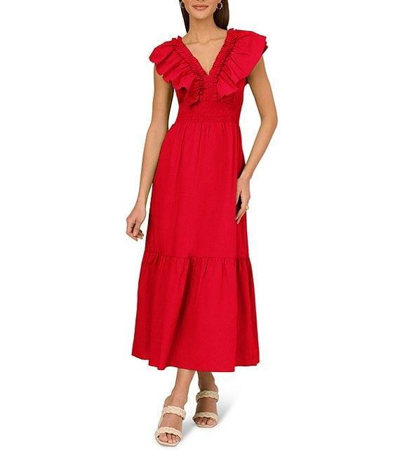 Adrianna by Adrianna Papell Ruffle V-Neck Smocked Waist Sleeveless Midi Dress Product Image