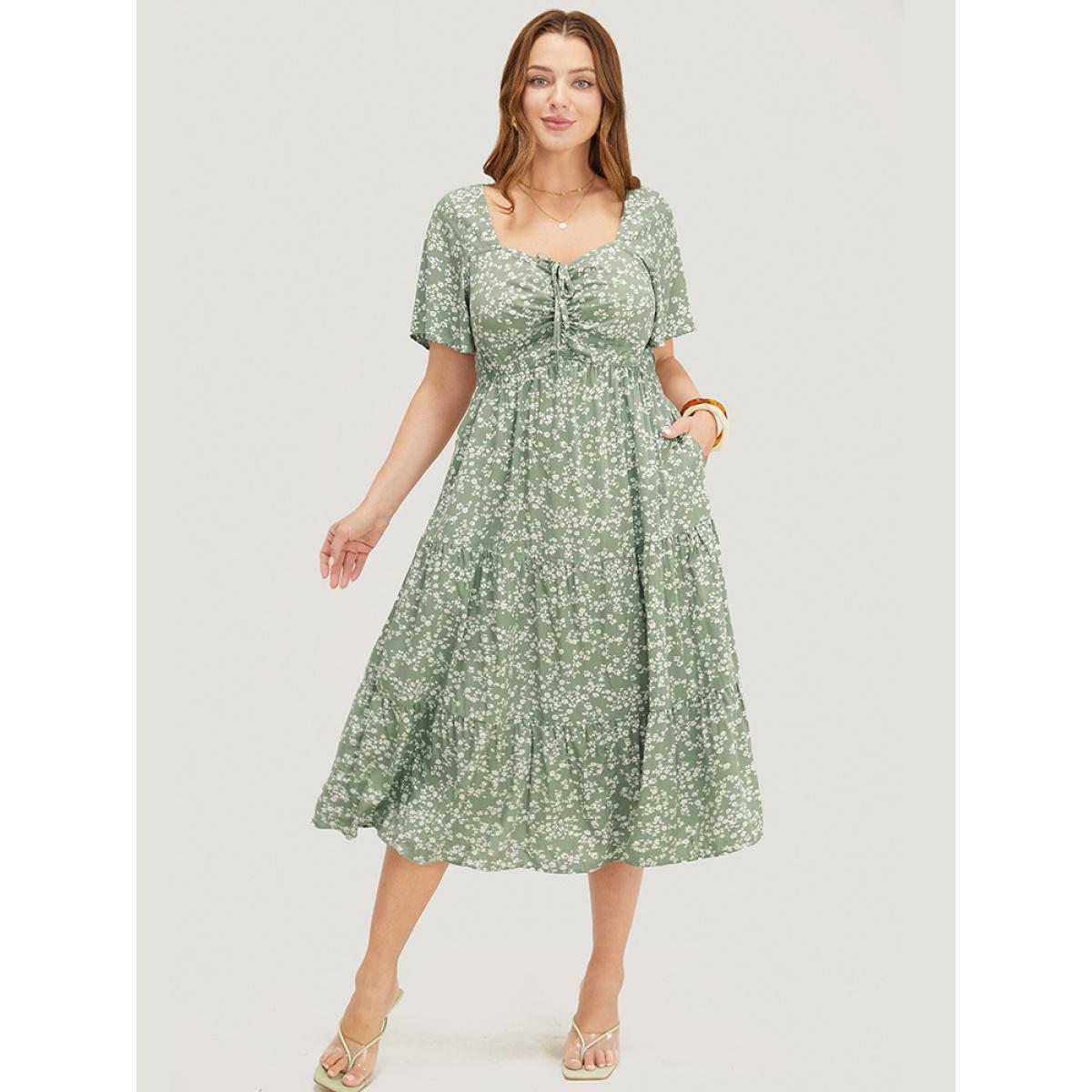 Plus Size Ditsy Floral Sweetheart Drawstring Pocket Tiered Dress Sage Women Elegant Non V-neck Short sleeve Curvy Midi Dress BloomChic 22-24/3X Product Image