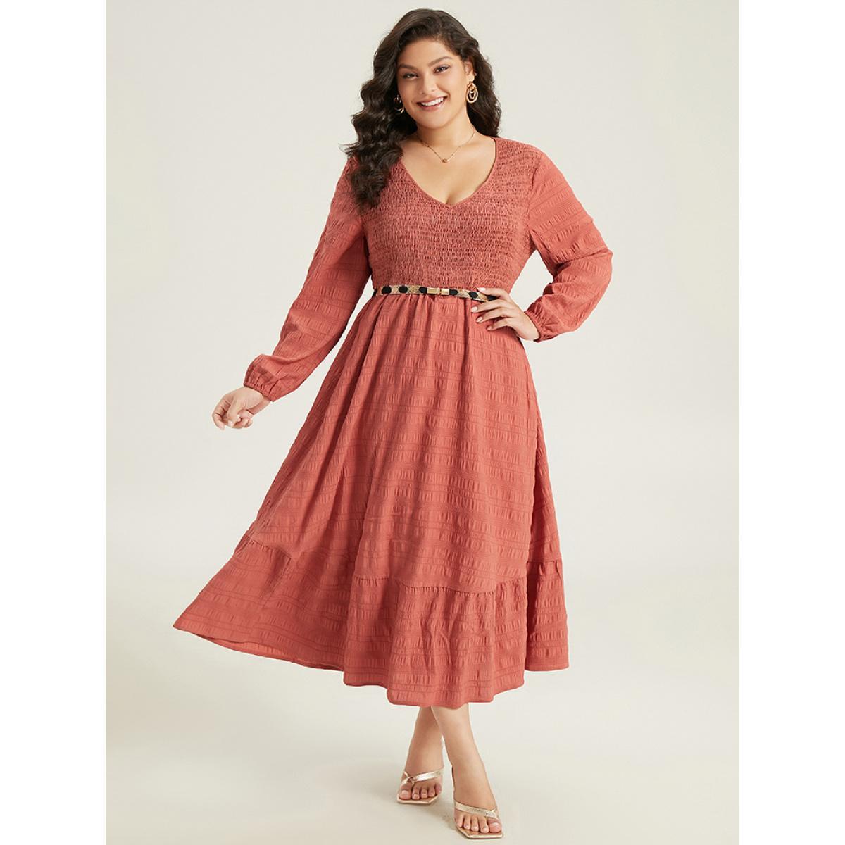 Plus Size Solid Shirred Plisse Flutter Hem Dress Chocolate Women Elegant Elastic cuffs V-neck Long Sleeve Curvy Midi Dress BloomChic 18-20/2X Product Image