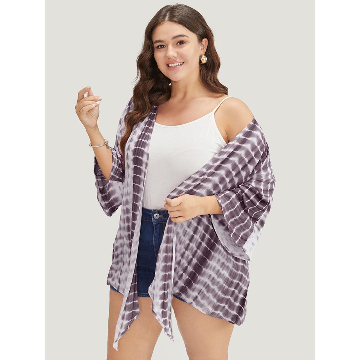 Plus Size Tie Dye Open Front Batwing Sleeve Knotted Hem Kimono Women Heather Vacation Tie Dye Loose Dailywear Kimonos BloomChic 12/L Product Image