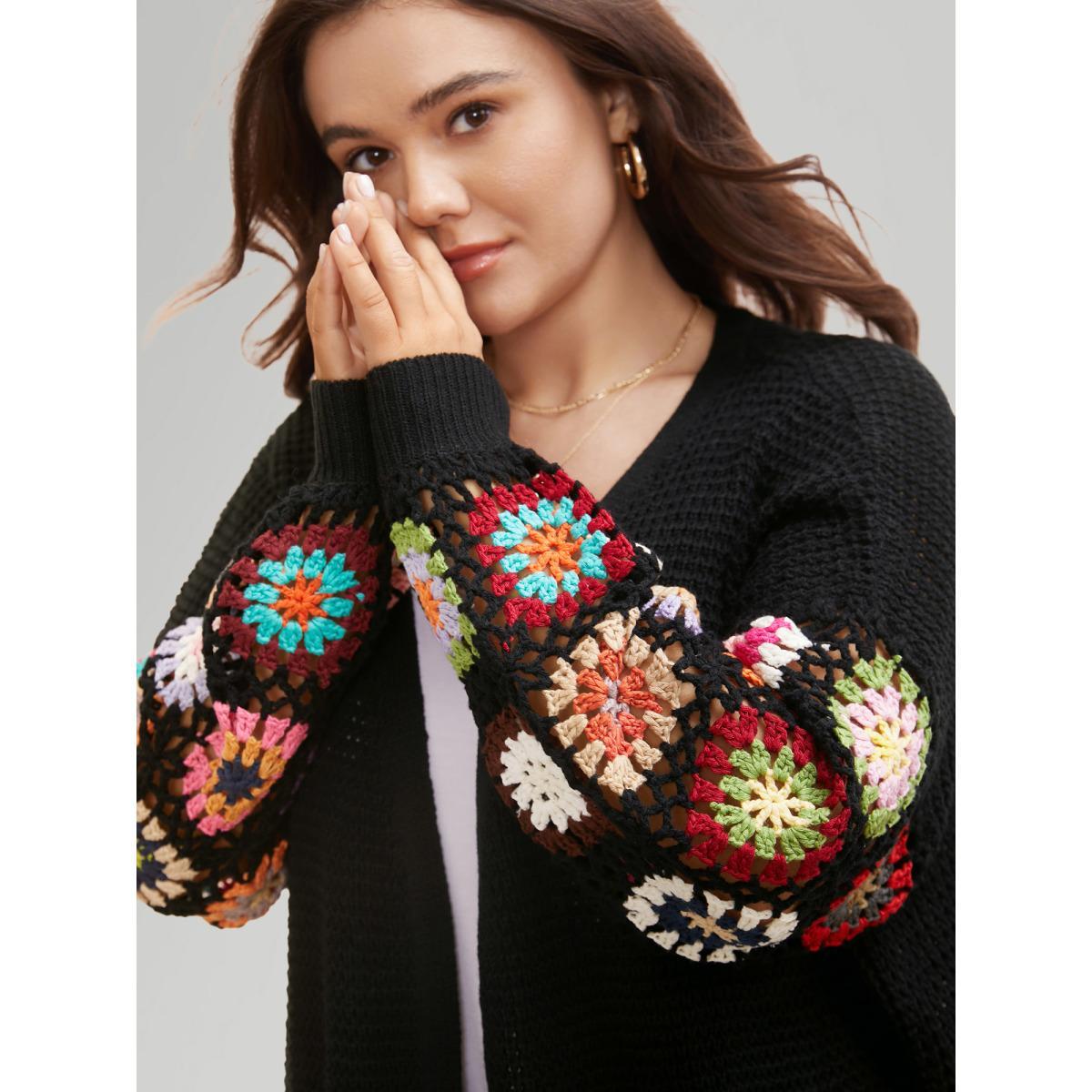 Plus Size Crochet Floral Drop Shoulder Cut Out Cardigan Black Women Resort Loose Long Sleeve Vacation Cardigans BloomChic 28/5X Product Image