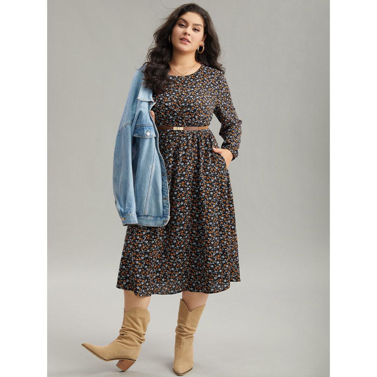 Plus Size Ditsy Floral Pocket Lantern Sleeve Knee Dress Black Women Elegant Elastic cuffs Round Neck Long Sleeve Curvy Midi Dress BloomChic 28/5X Product Image