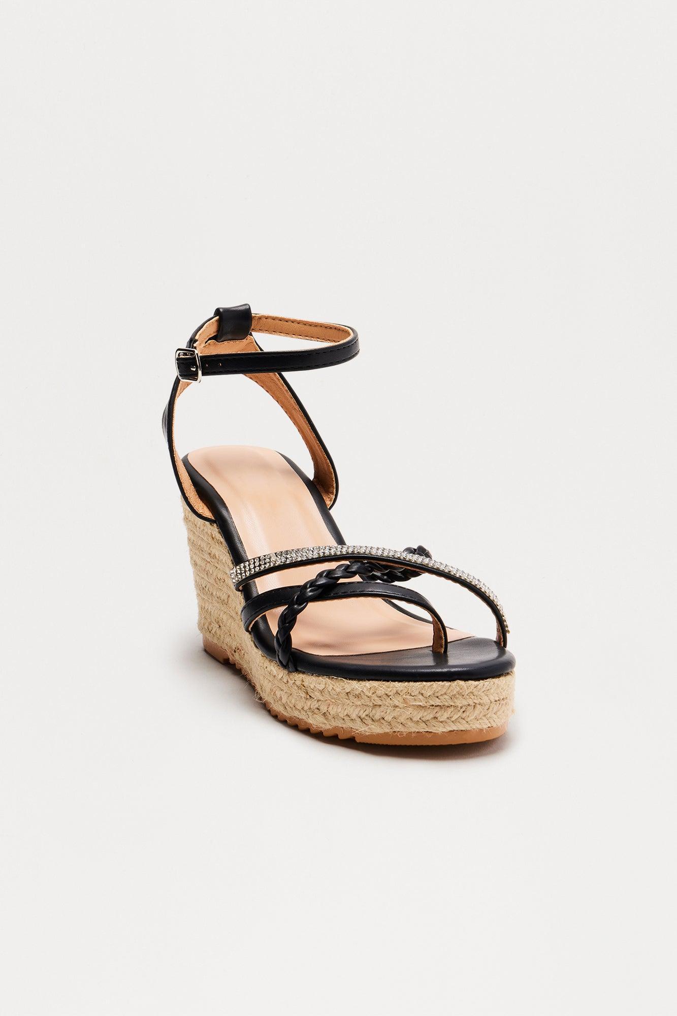 Shauny Rhinestone Trim Jute Wedges - Black Product Image