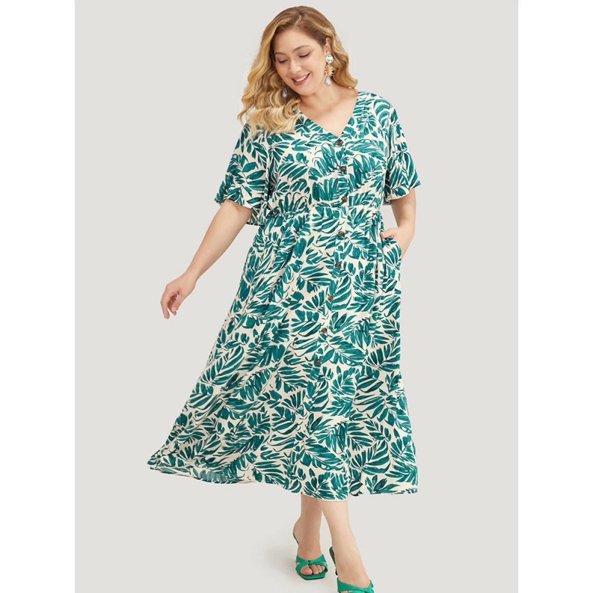 Plus Size Plant Print Flutter Sleeve Button Detail Pocket Dress Green Women Vacation Elastic Waist V-neck Short sleeve Curvy Midi Dress BloomChic 14-16/1X Product Image