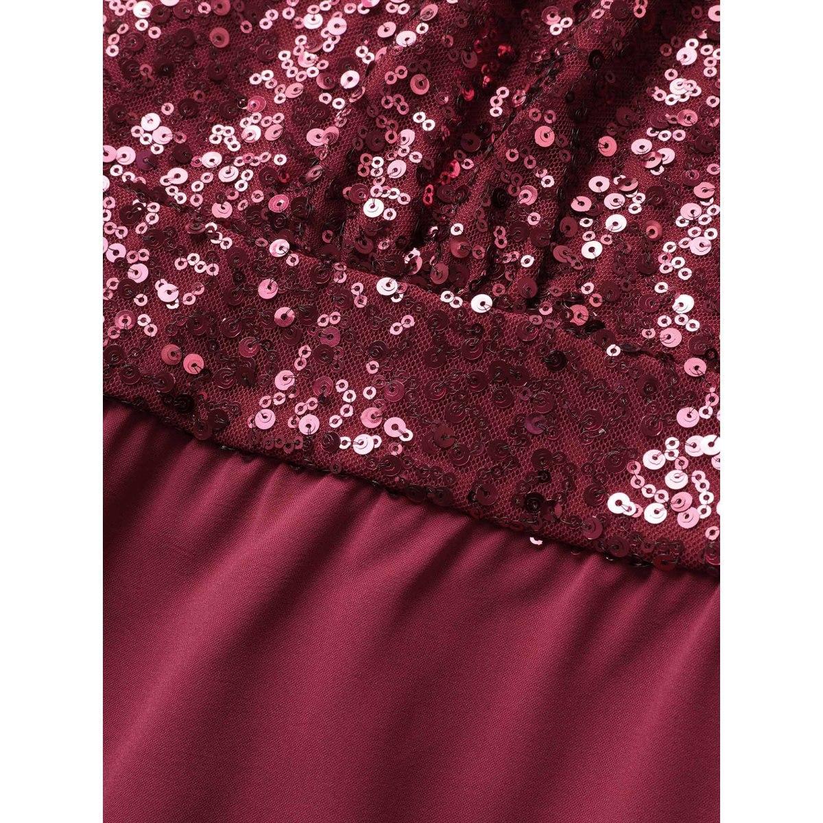 Plus Size Burgundy Sequin Patchwork Mock Neck Sleeveless Jumpsuit Women Cocktail Sleeveless Mock Neck Party Loose Jumpsuits BloomChic 14-16/1X Product Image