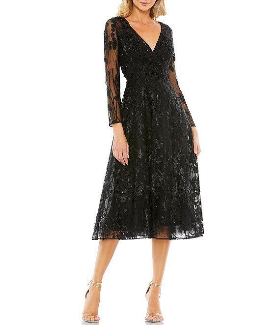 Mac Duggal V-Neck Embellished Floral Mesh Midi Dress Product Image