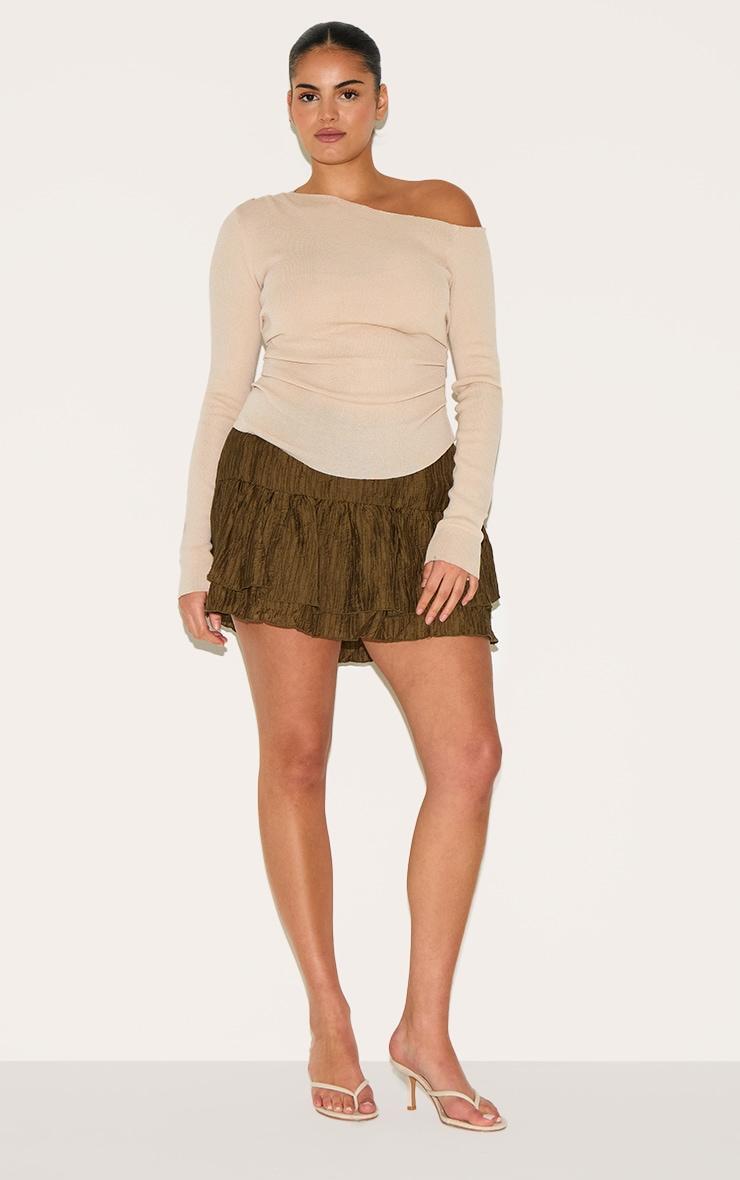 Plus Khaki Crinkle Woven Dropped Waist Frilly Mini Skirt Product Image