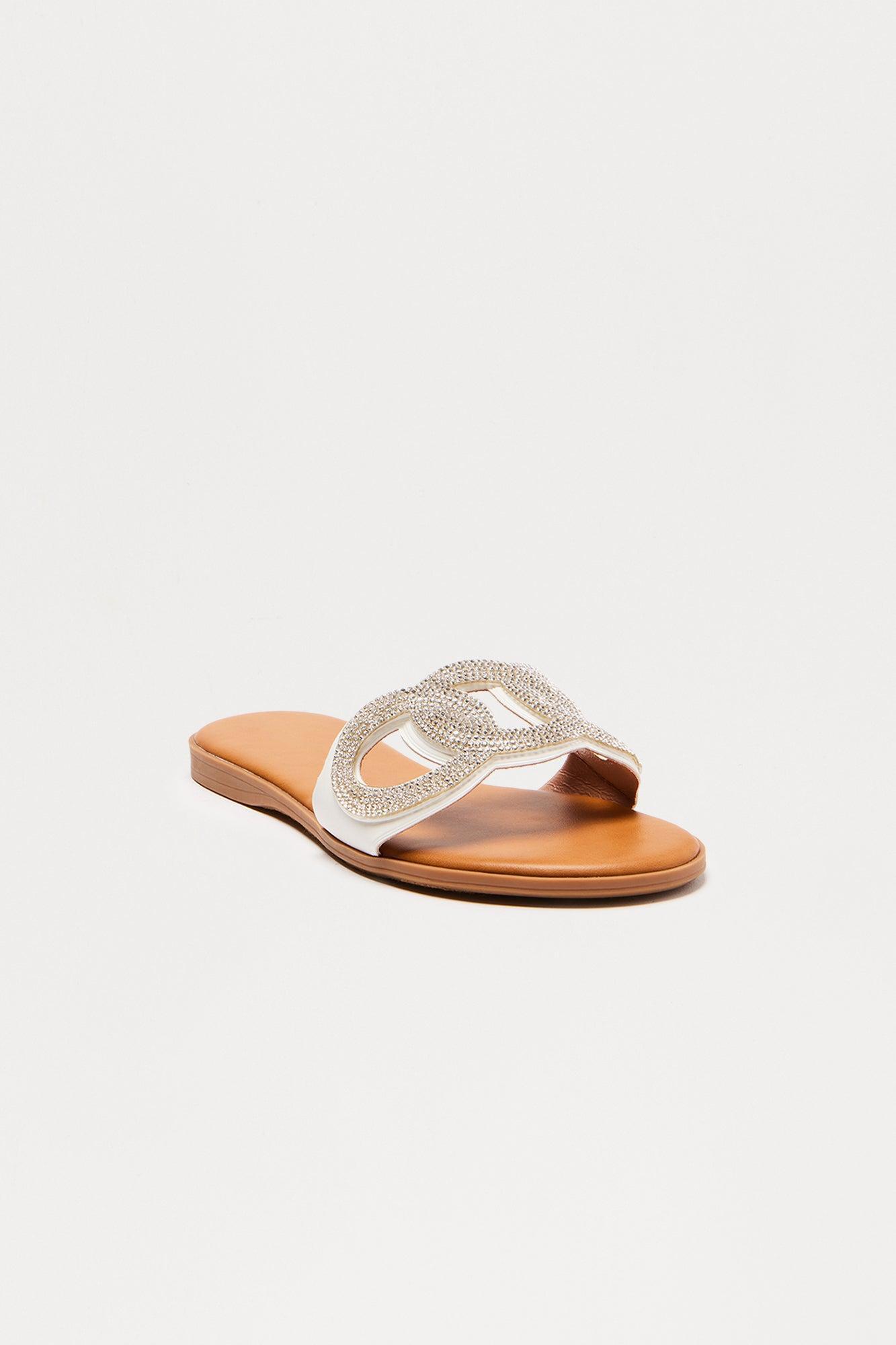 Ample Rhinestone Slip On Sandals - White Female Product Image