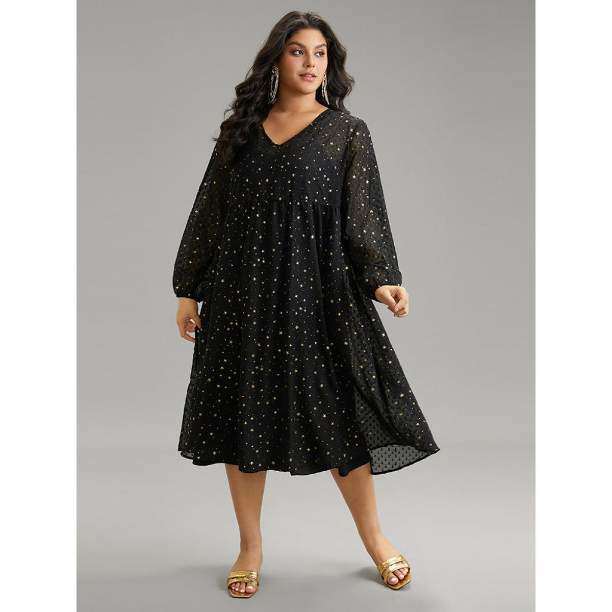 Plus Size Star Glitter Mesh Lantern Sleeve Ruffle Dress Black Women Party Elastic cuffs V-neck Long Sleeve Curvy Midi Dress BloomChic 28/5X Product Image