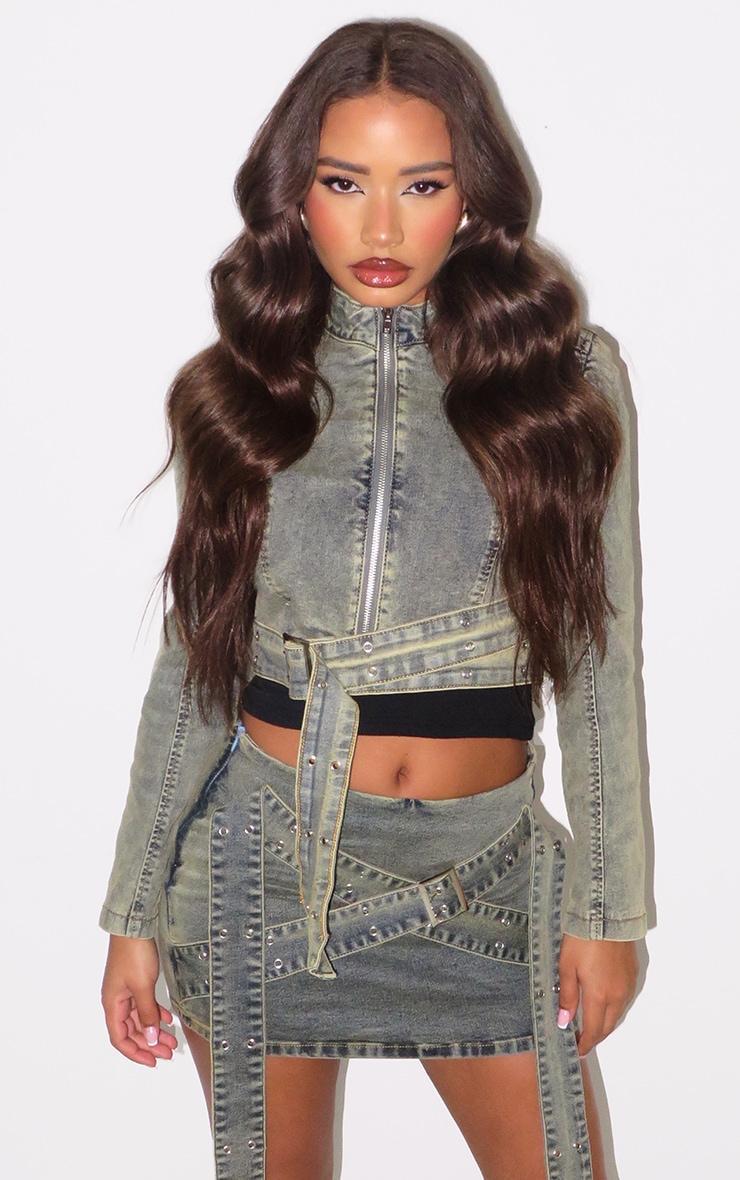 Petite Vintage Wash Denim Belt Detail Jacket Product Image