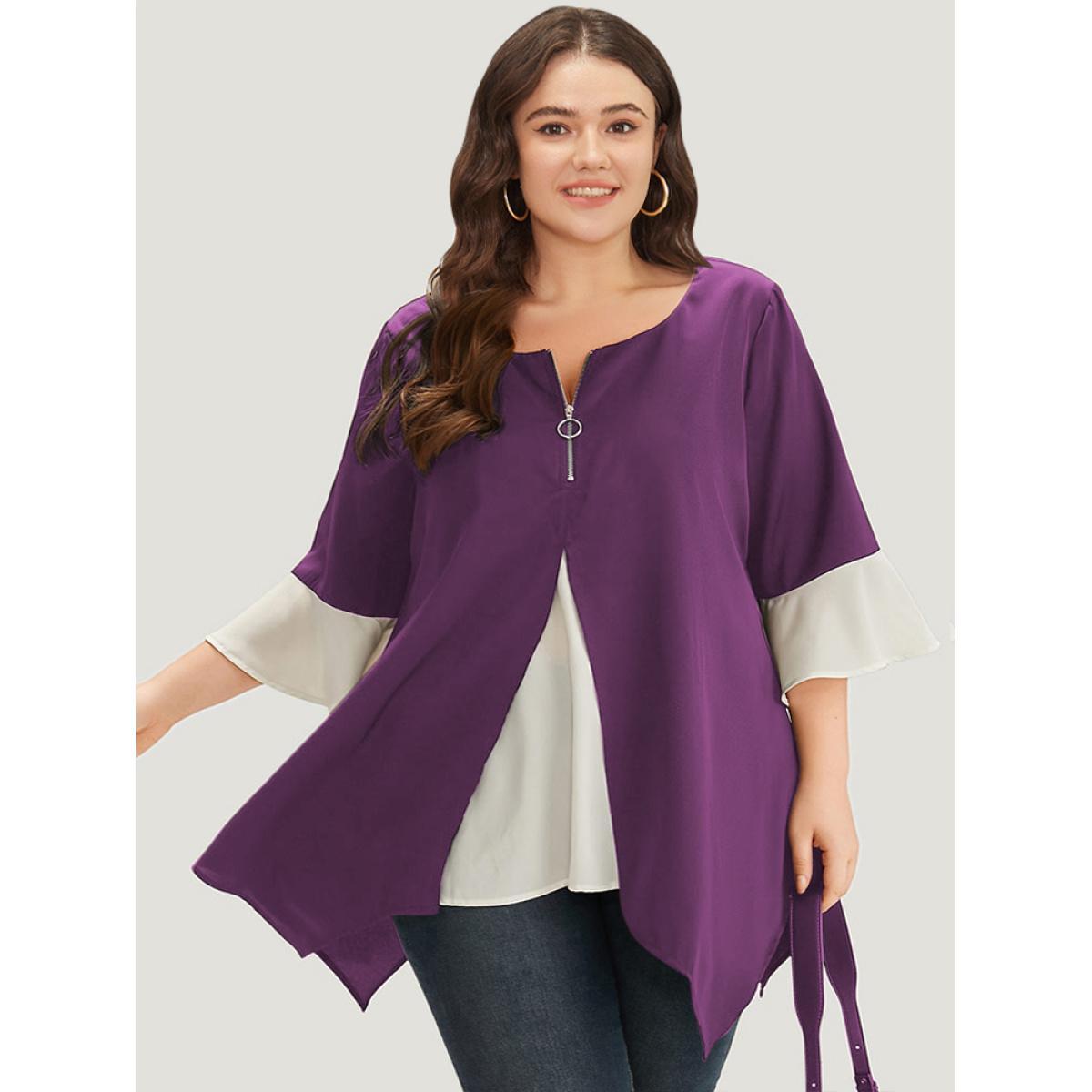 Plus Size Purple Anti-Wrinkle Contrast Zip Up Flutter Sleeve Hanky Hem Blouse Women Office Half Sleeve Round Neck Work Blouses BloomChic 30/6X Product Image