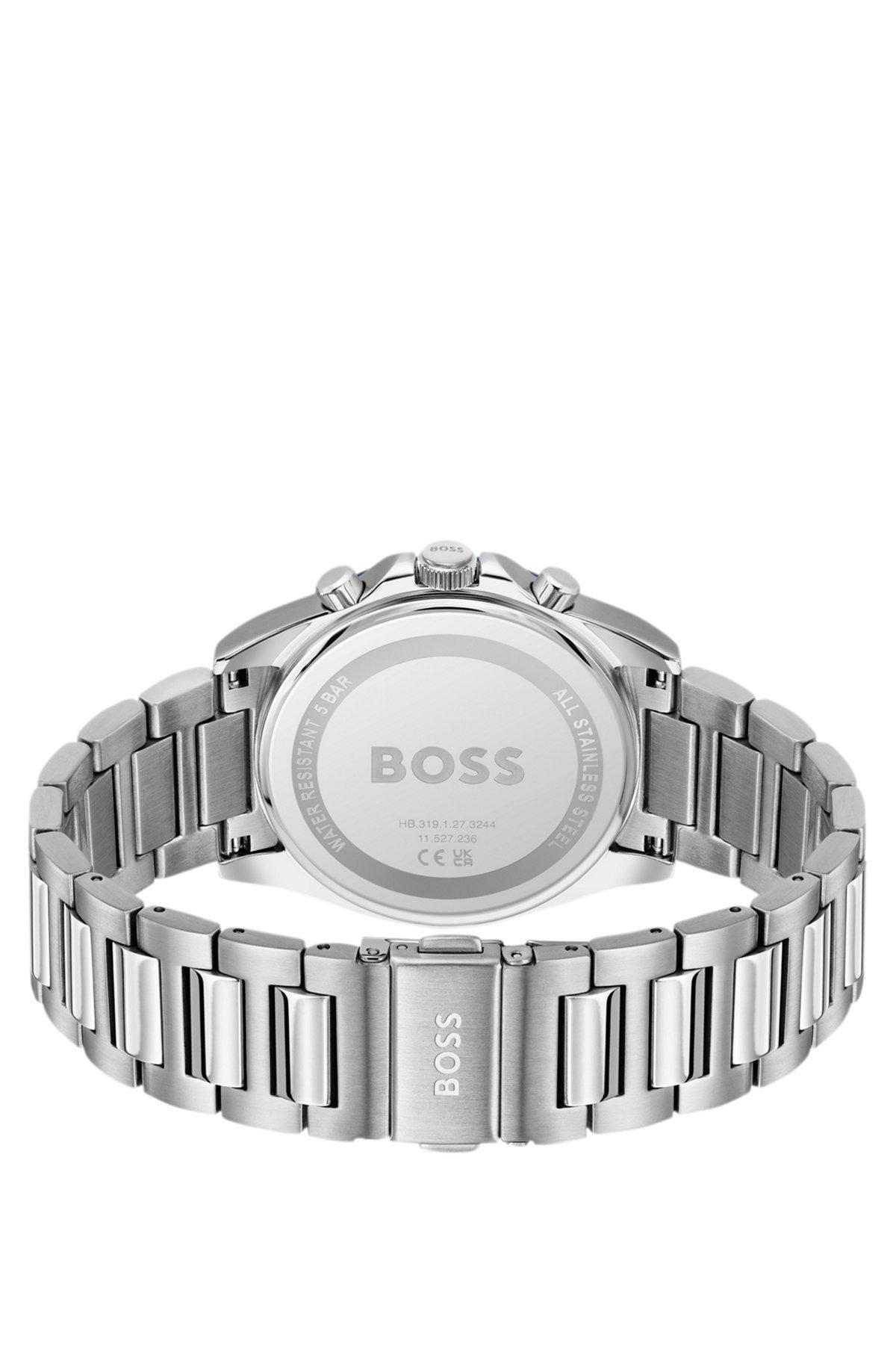 Link-bracelet chronograph watch with blue textured dial Product Image