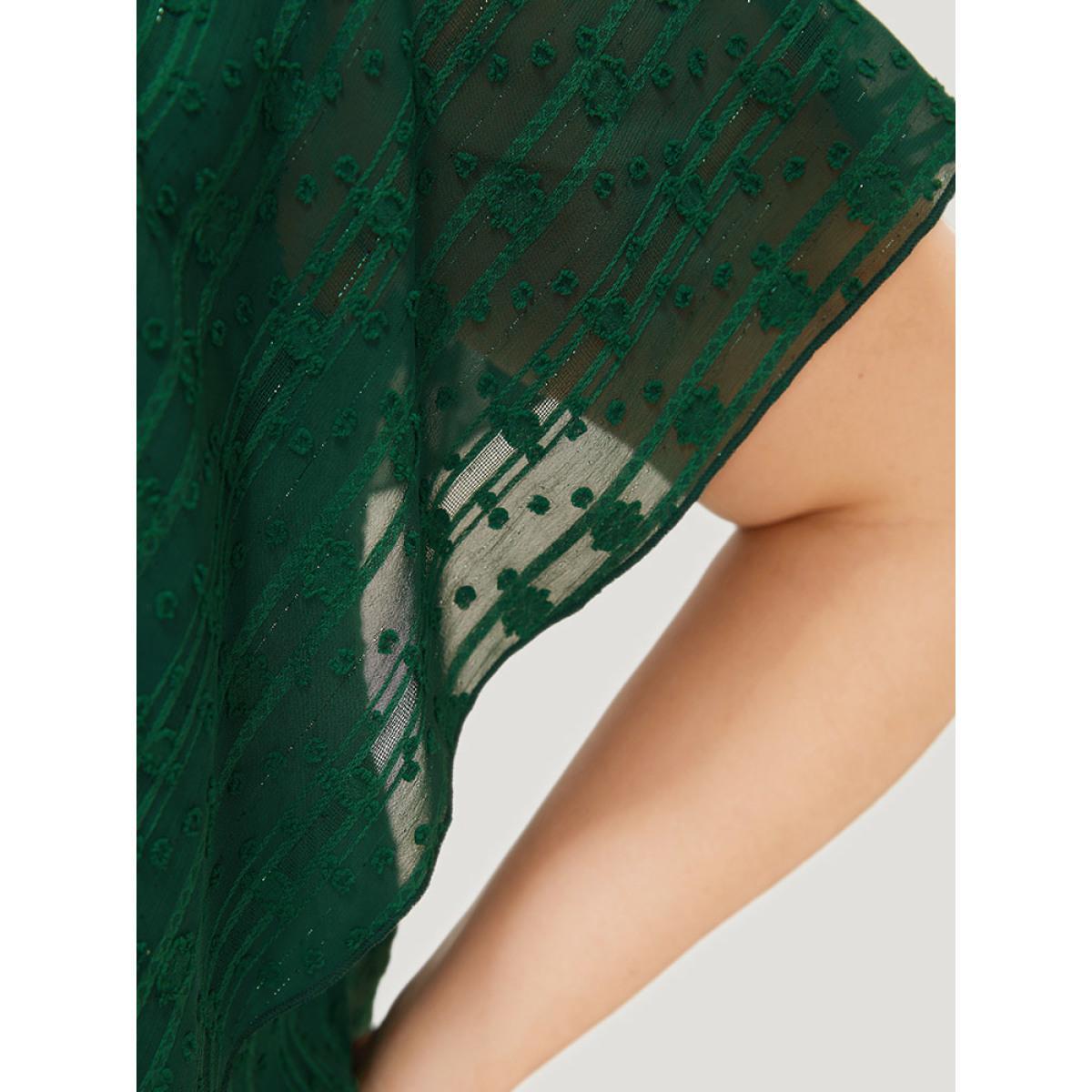 Plus Size DarkGreen Solid Textured Flutter Trim Contrast Lace Blouse Women Elegant Short sleeve V-neck Dailywear Blouses BloomChic 28/5X Product Image