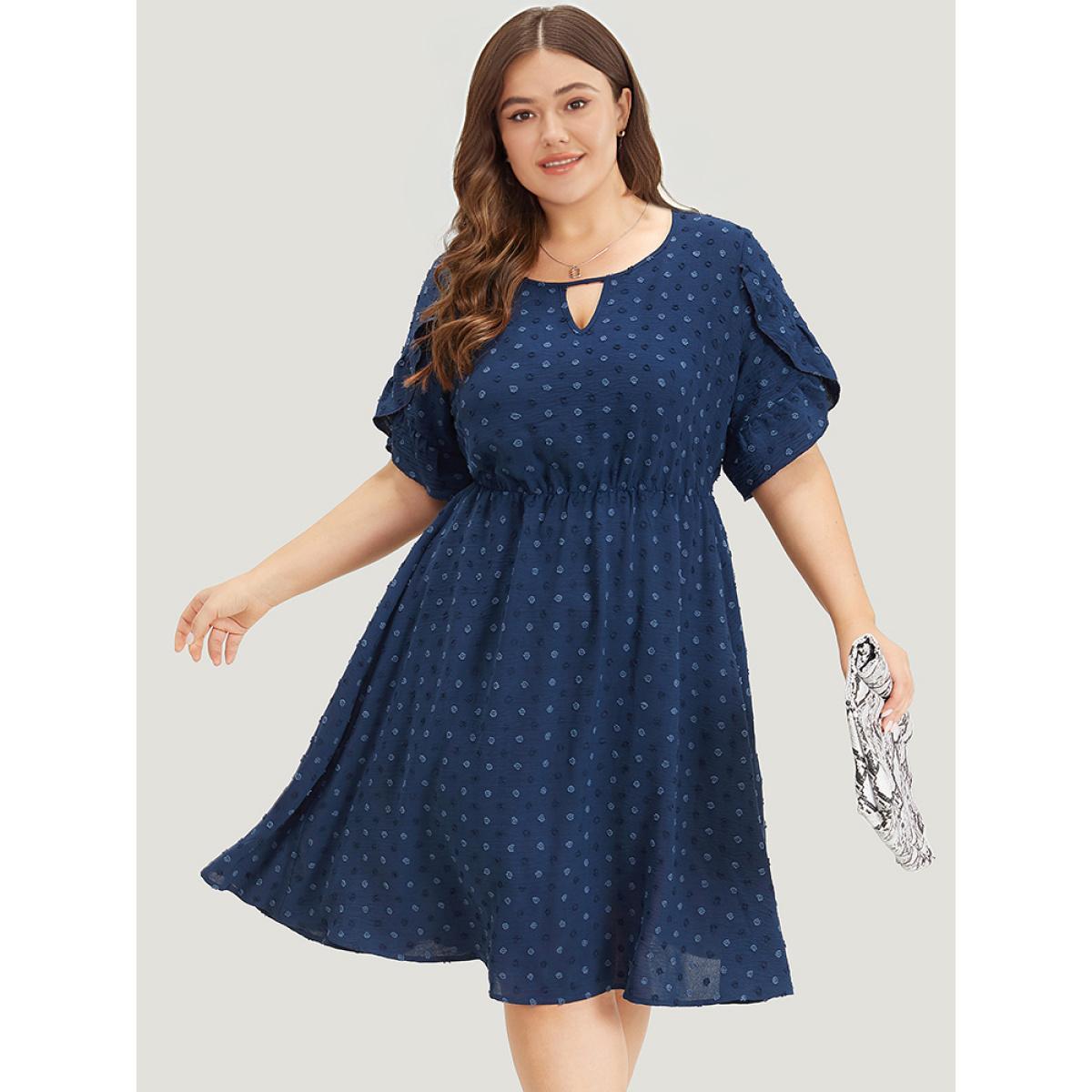 Plus Size Polka Dot Pocket Cut Out Petal Sleeve Dress DarkBlue Women Office Plain Round Neck Short sleeve Curvy Midi Dress BloomChic 22-24/3X Product Image