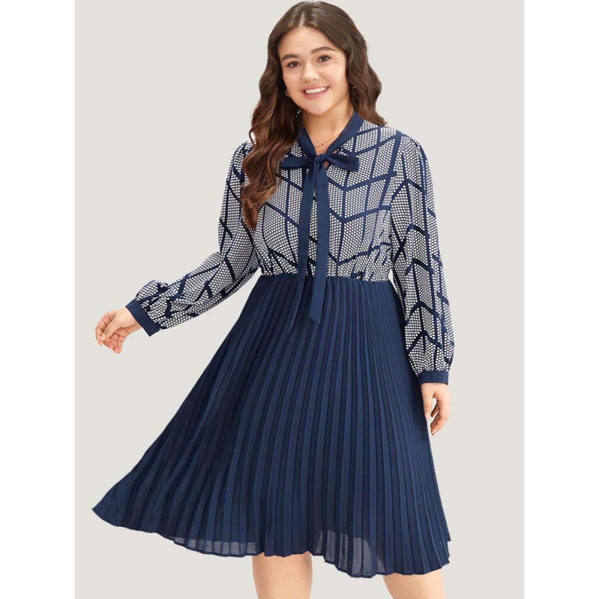 Plus Size Contrast Patchwork Ties Pleated Dress Indigo Women Office Printed Tie Neck Long Sleeve Curvy Midi Dress BloomChic 12/L Product Image