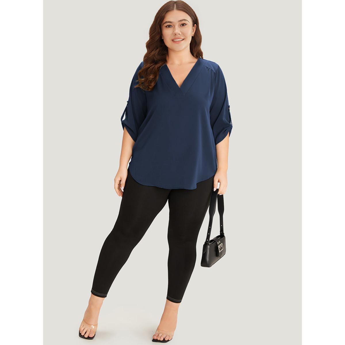 Plus Size Indigo Solid Cuffed Sleeve Gathered Curved Hem Blouse Women Office Elbow-length sleeve V-neck Work Blouses BloomChic 30/6X Product Image