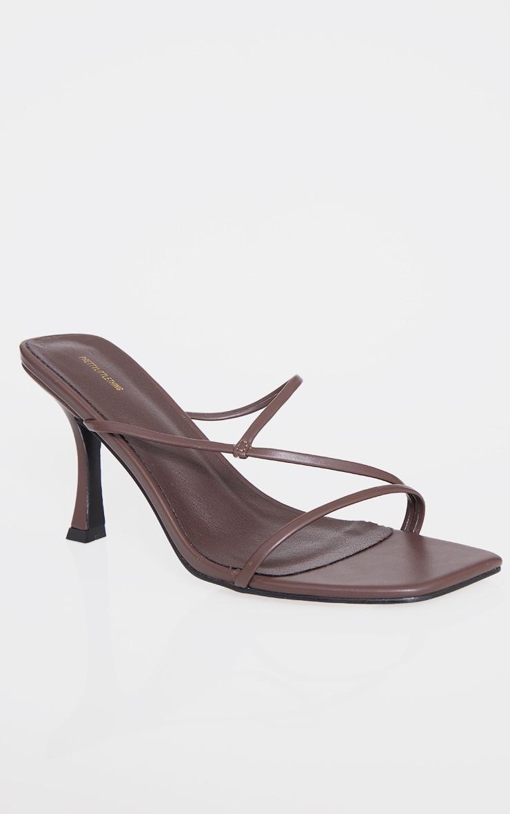 Chocolate PU Square Toe Strappy Mid Heeled Mules Product Image
