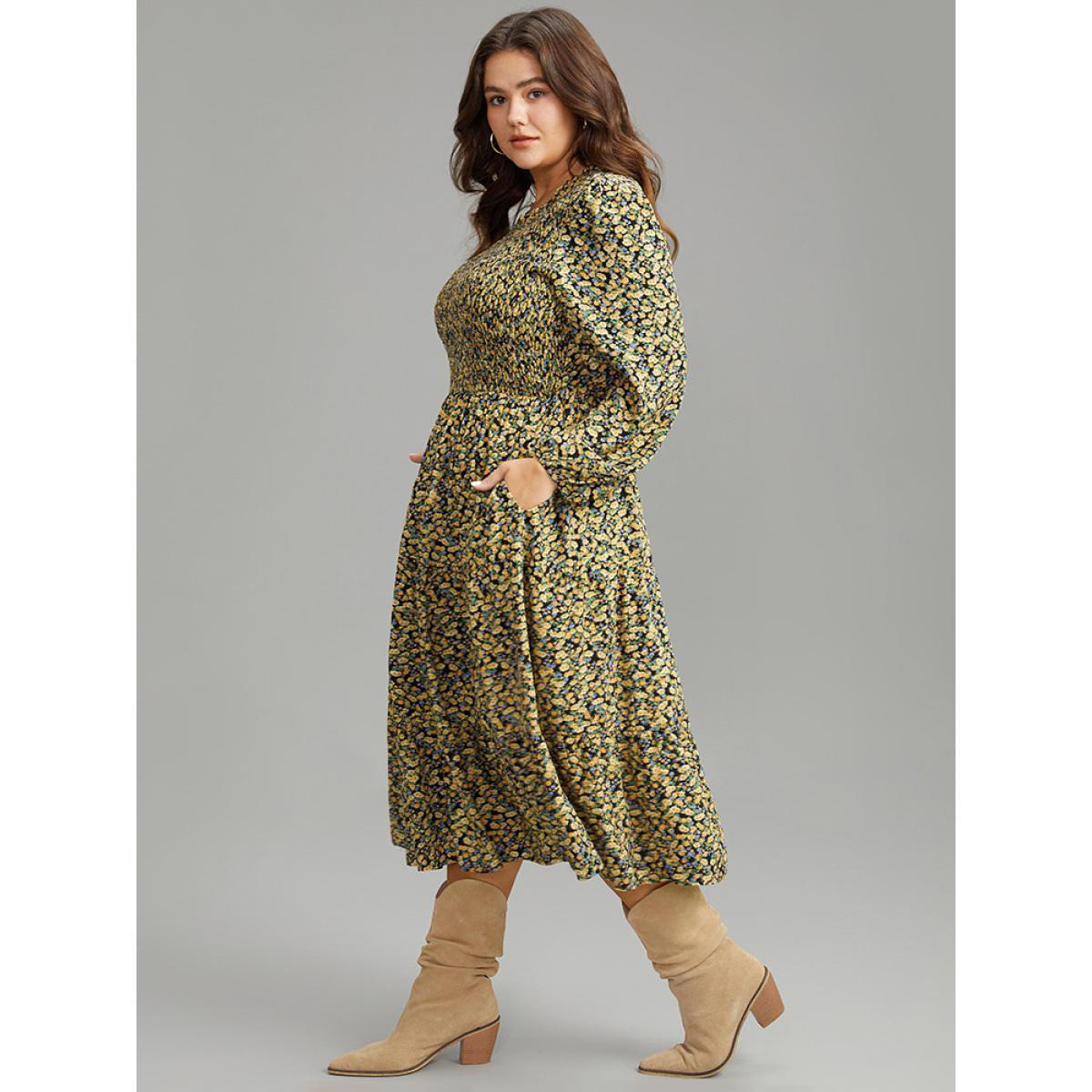 Plus Size Ditsy Floral Shirred Pocket Pleated Frill Trim Dress Black Women Elegant Elastic cuffs Round Neck Long Sleeve Curvy Midi Dress BloomChic 12/L Product Image