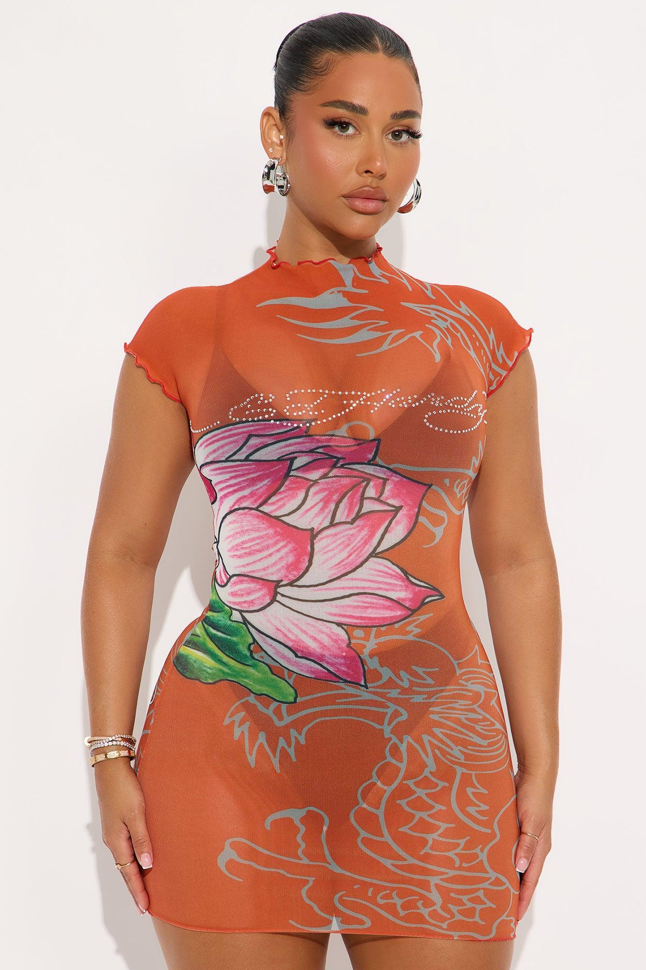 Ed Hardy Lotus Dragon Rhinestone Mesh Cover Up Mini Dress - Red/combo Female Product Image