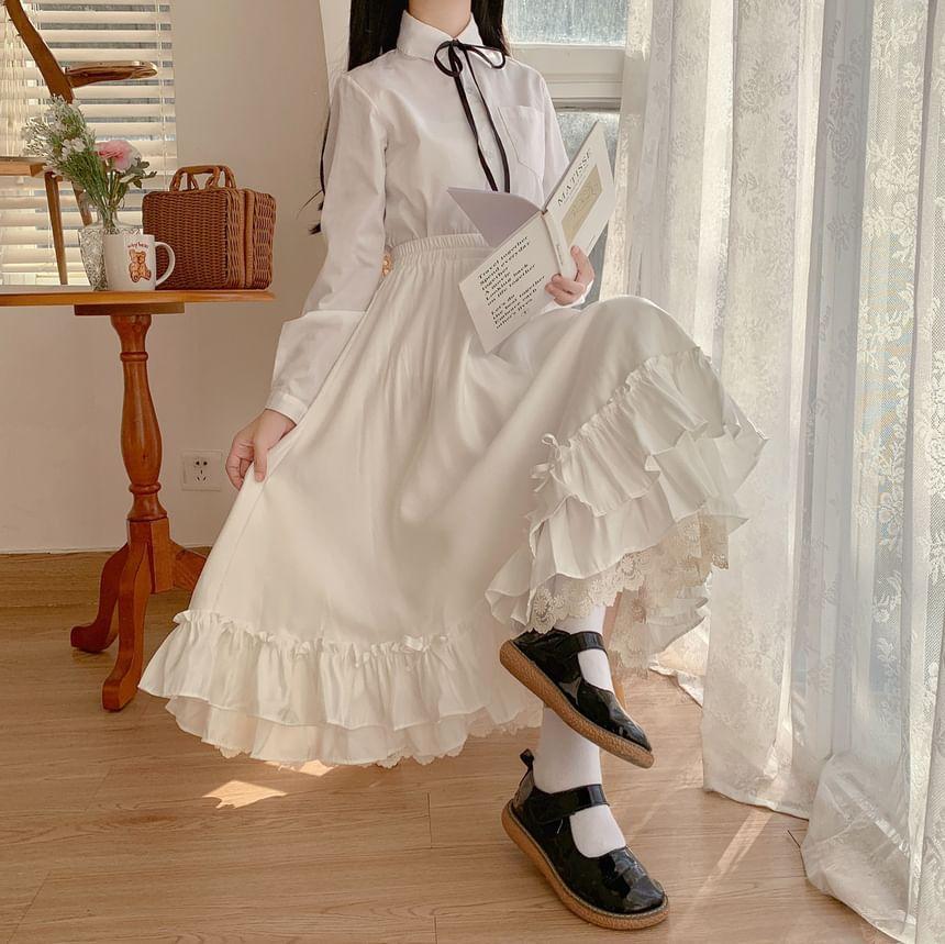 High Waist Plain Lace Ruffle Midi A-Line Skirt / Petticoat Product Image